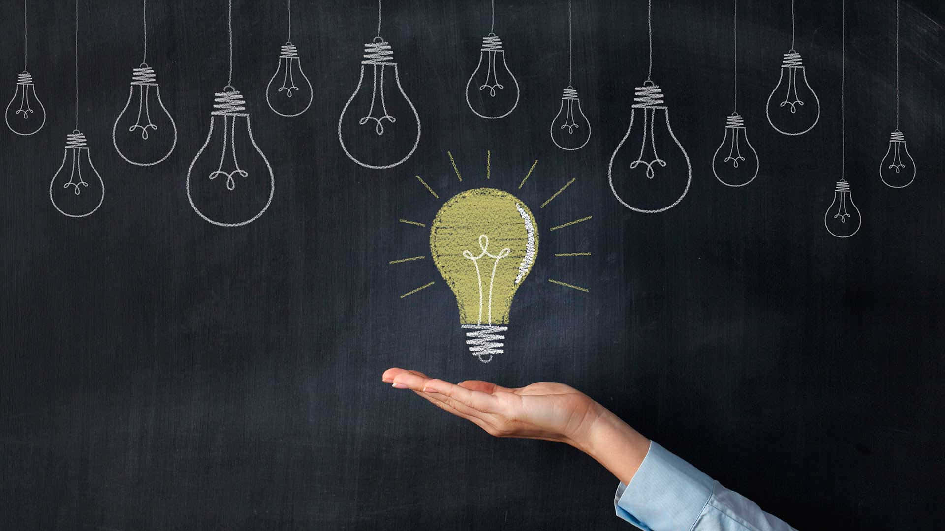 glowing yellow chalk-drawn lightbulb, black chalkboard, outlined bulbs, Full HD Desktop Wallpaper