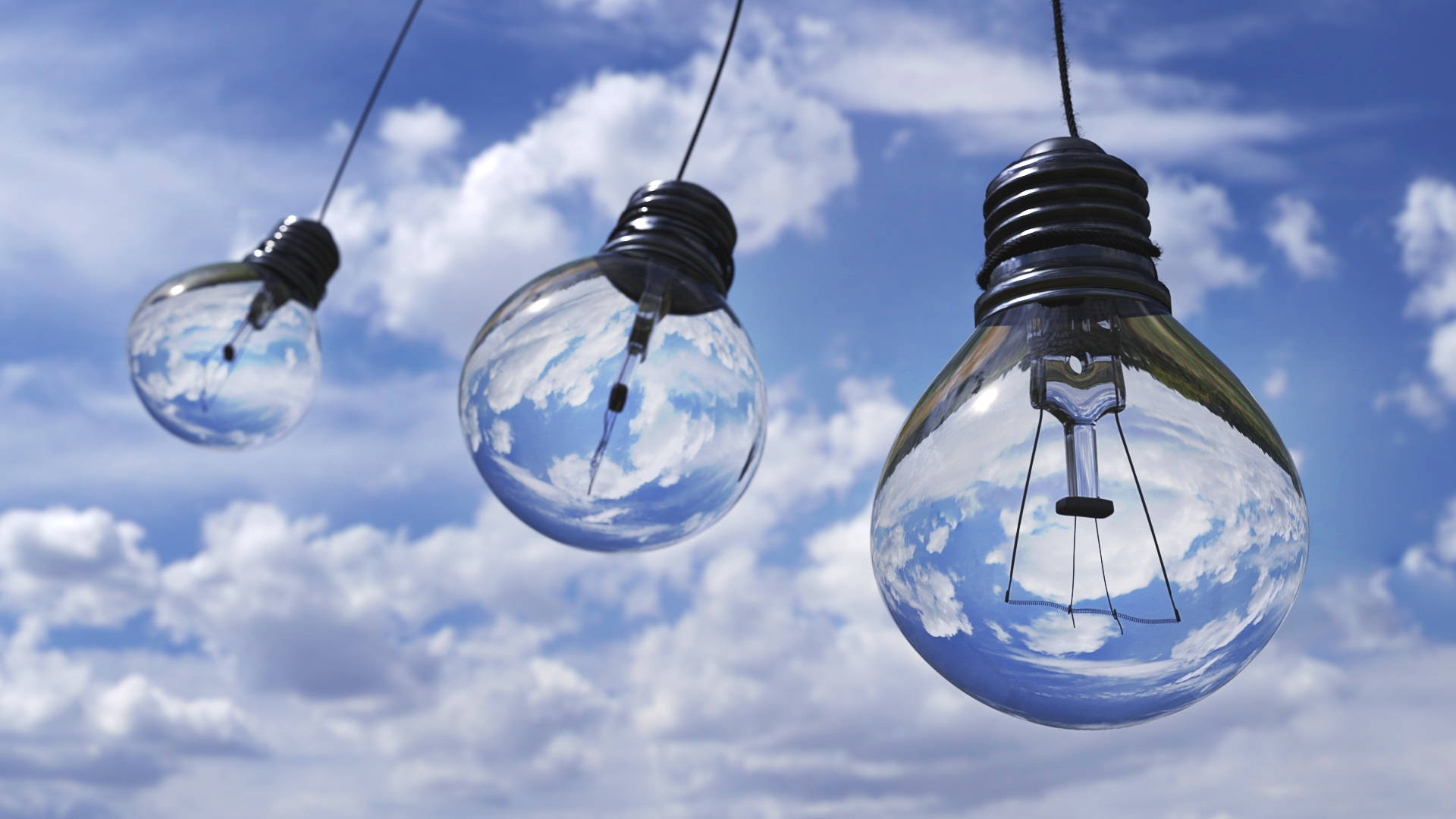 light bulbs, bright blue sky, fluffy white clouds, Full HD Desktop Wallpaper