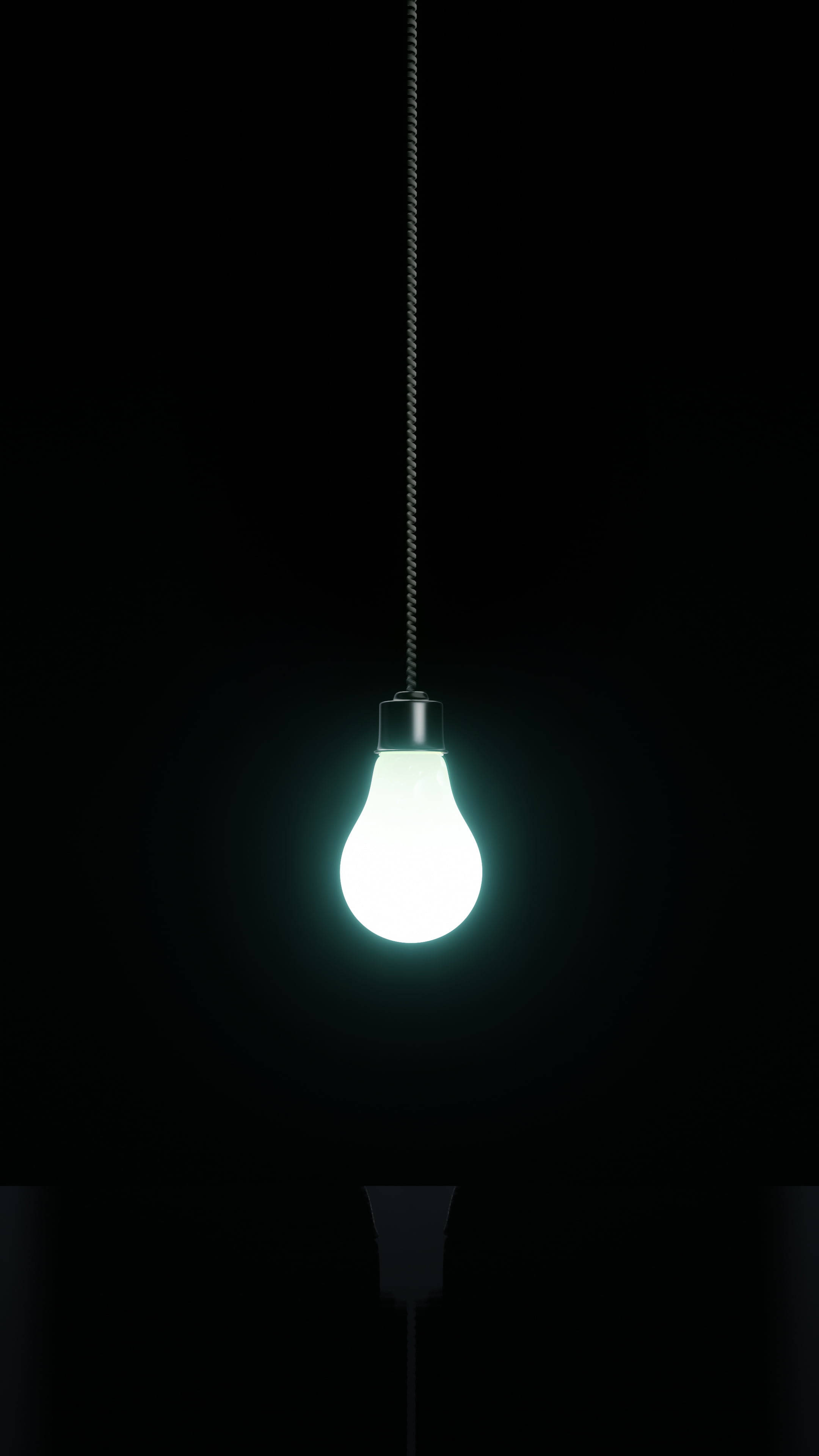 OLED Hanging Light Bulb, pitch black background, soft halo, 4K Phone Wallpaper