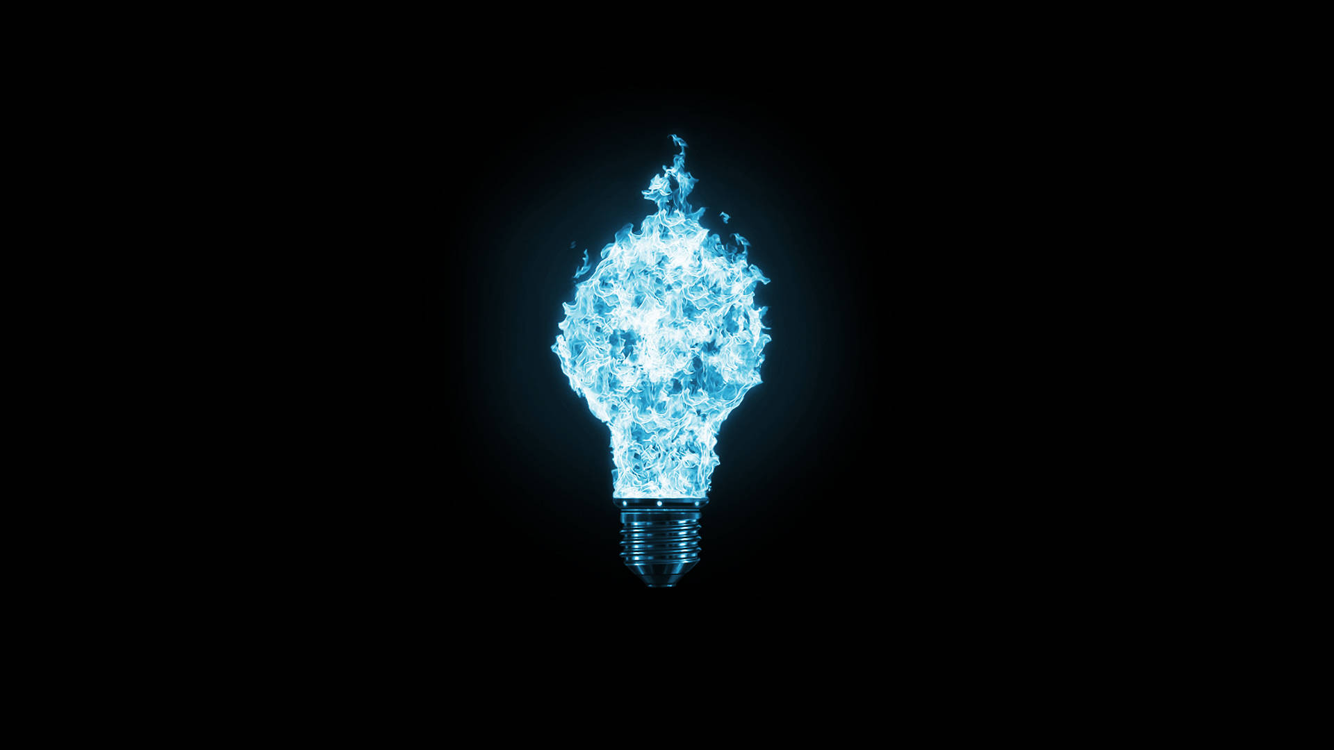 fiery blue light bulb, glowing blue flame-shaped, pitch black background, Full HD Desktop Wallpaper