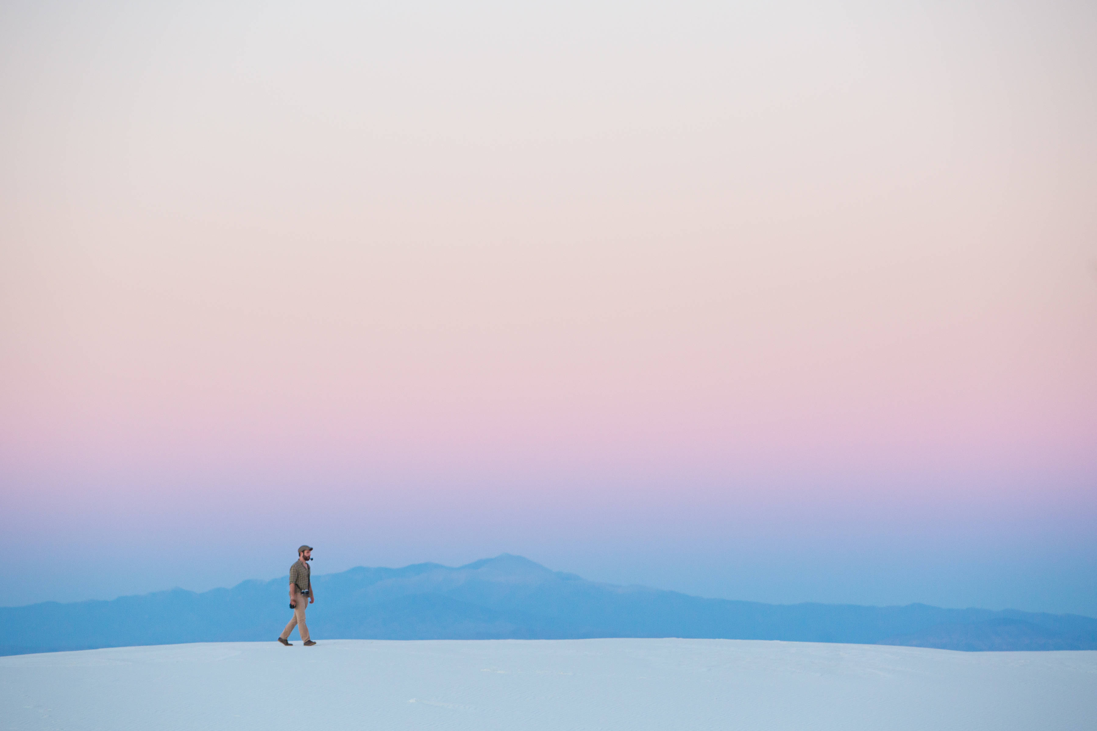orange and blue pastel aesthetic, white salt flat, soft pink and blue twilight sky, 2K Desktop Wallpaper