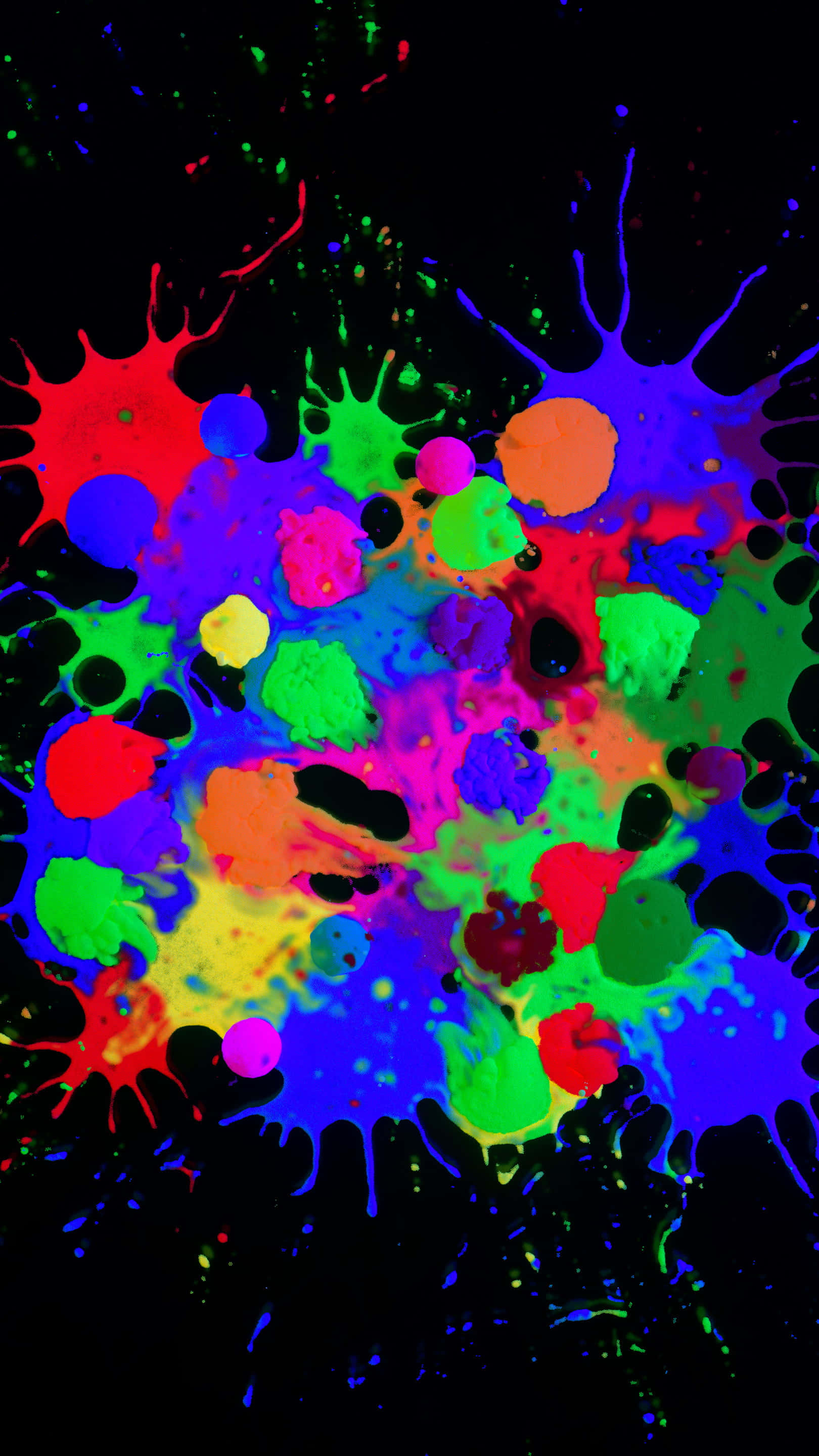 fluorescent, neon paint splatters, pitch black background, 2K Phone Wallpaper