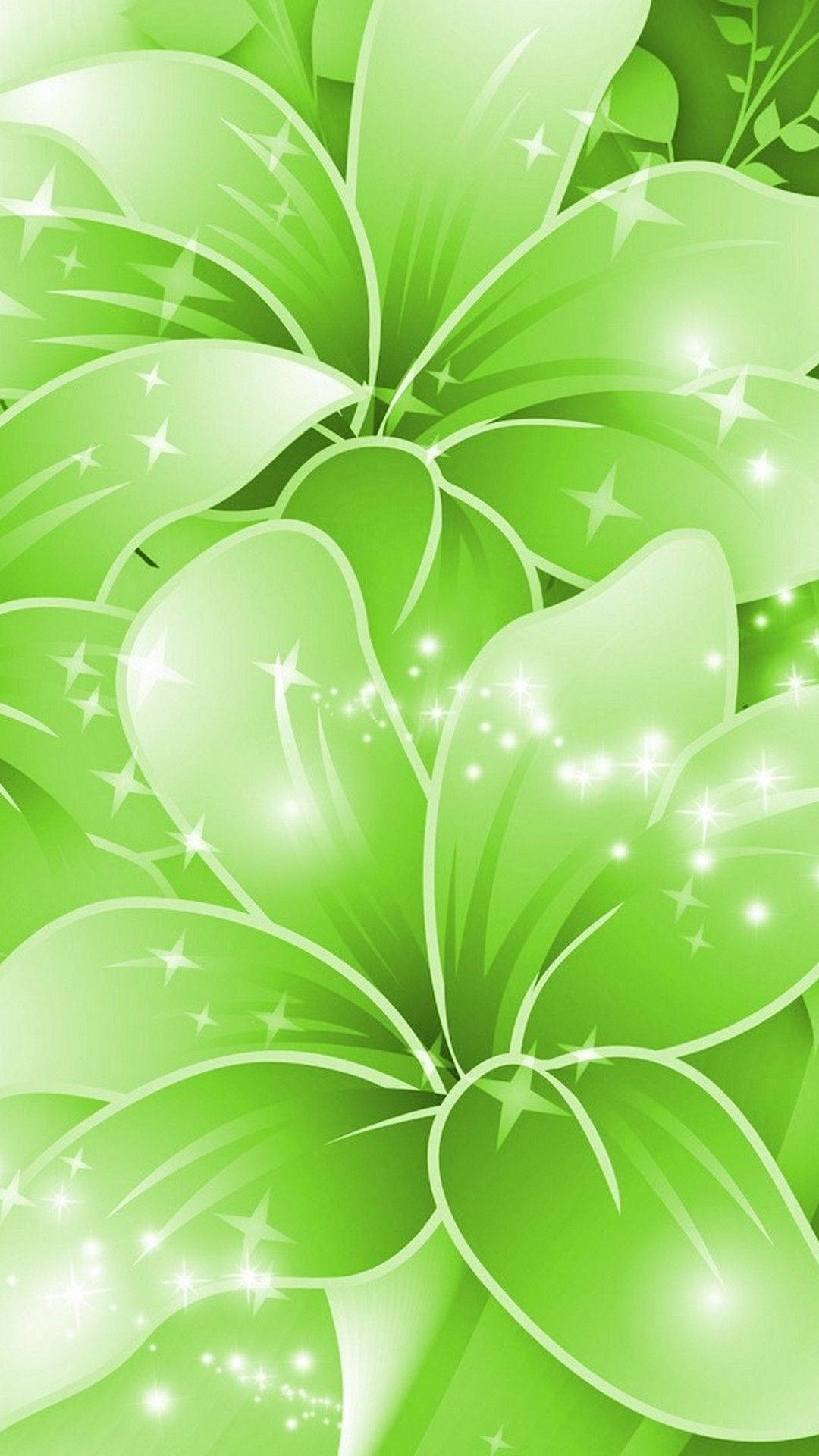 light green, lily flowers, glowing starbursts, Full HD Phone Wallpaper