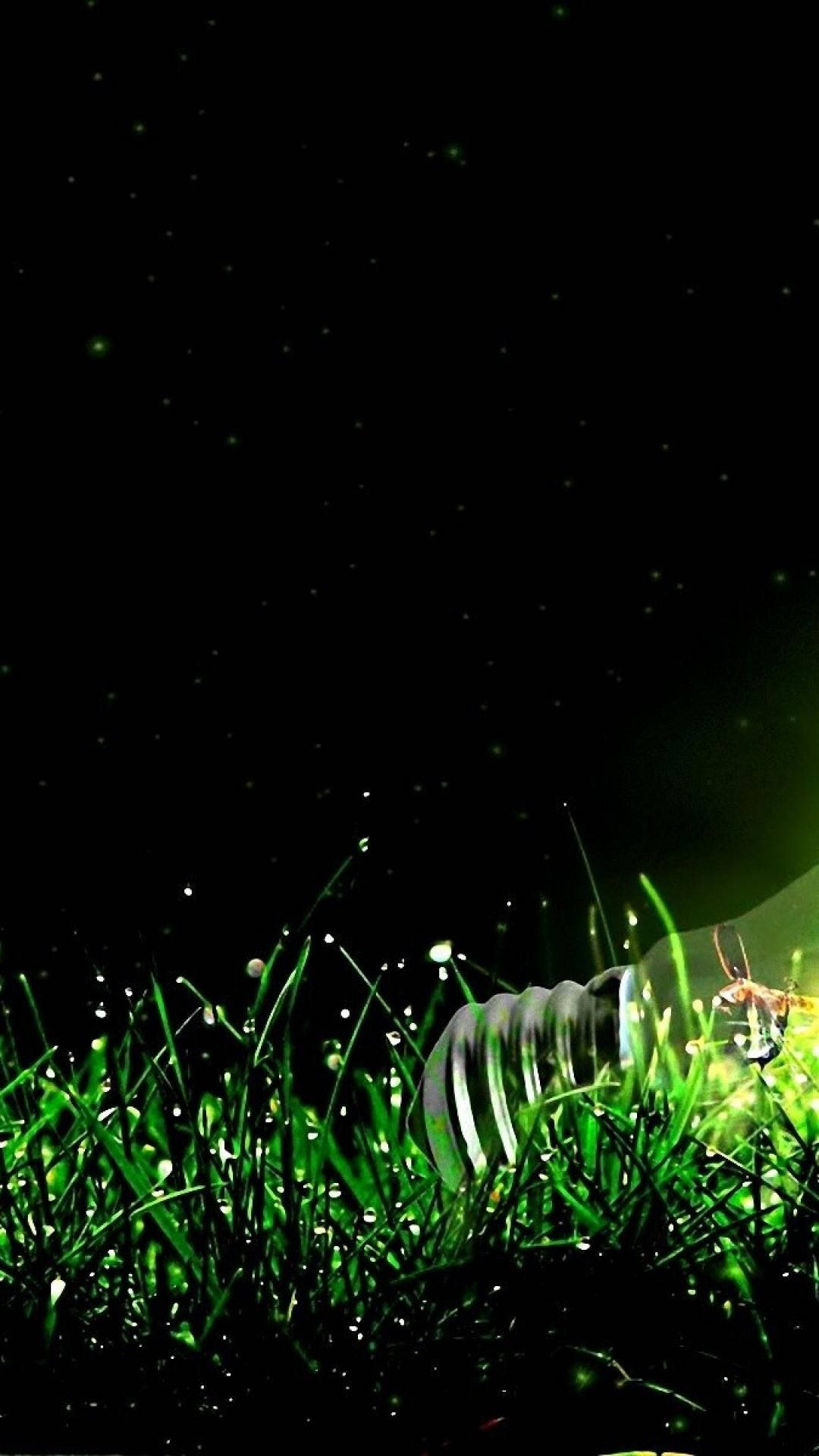 light green grass, glowing lightbulb, starry night sky, Full HD Phone Wallpaper
