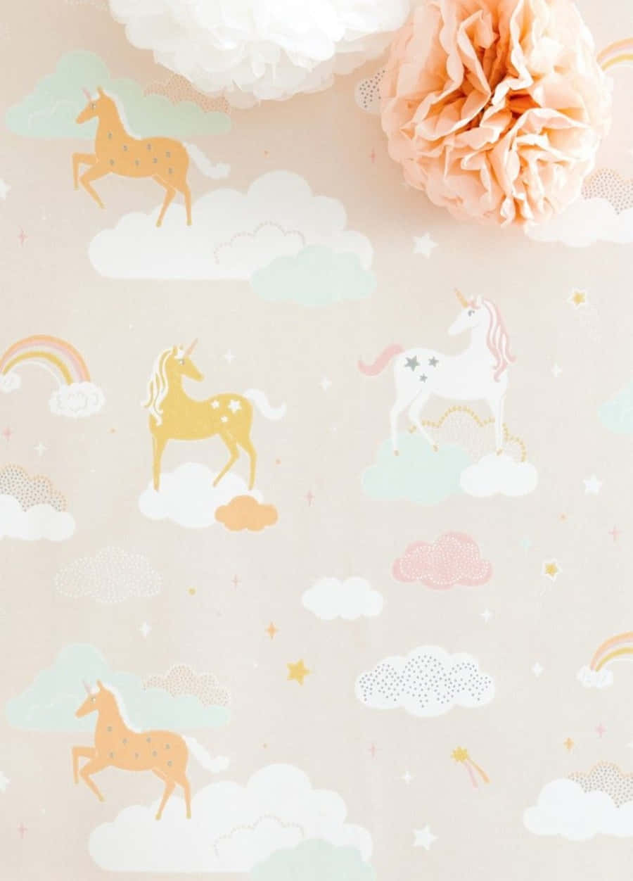 Pastel Orange, whimsical unicorns, clouds, SD Phone Wallpaper