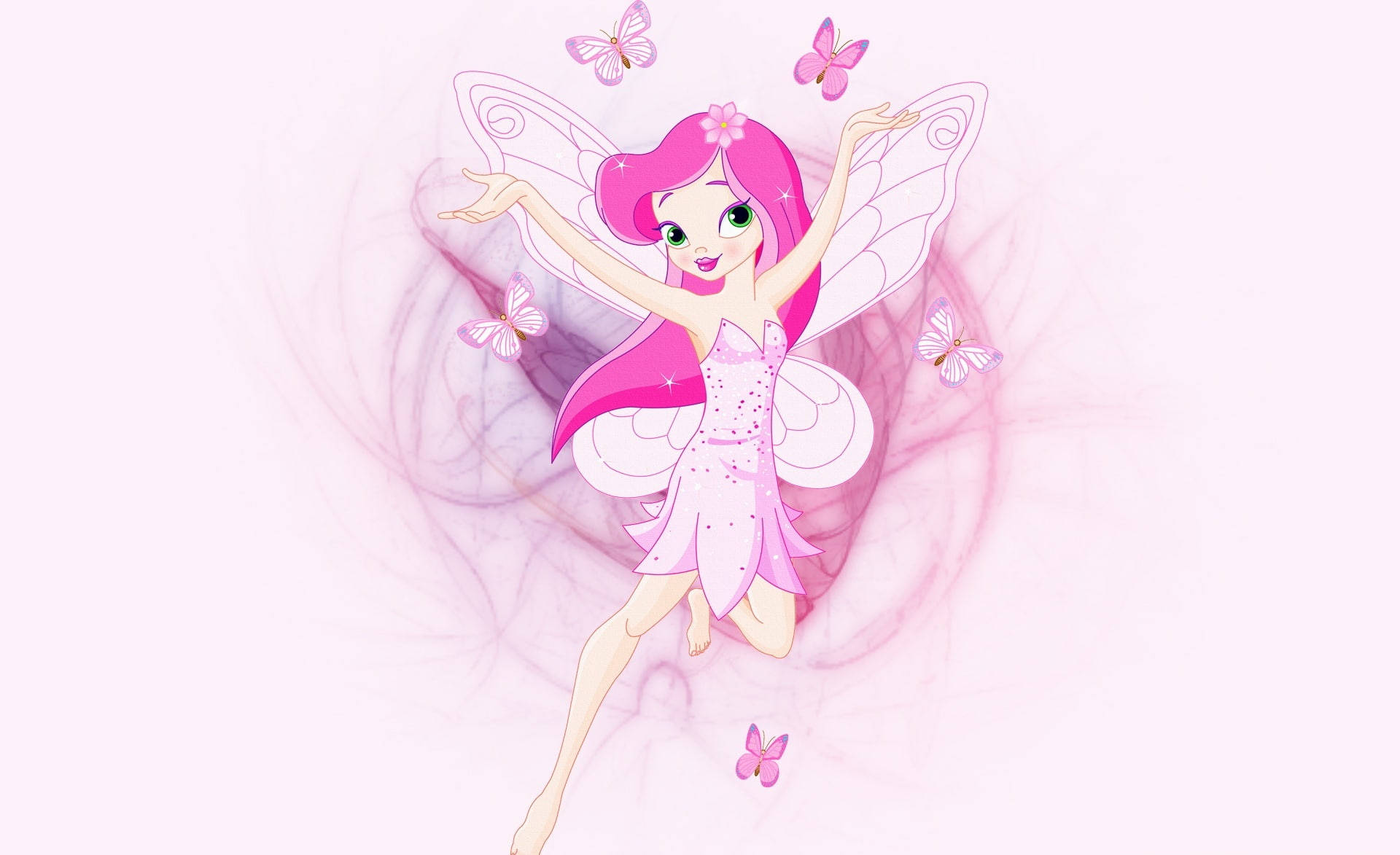 cartoon pink fairy, pink-haired fairy, translucent wings, Full HD Desktop Wallpaper