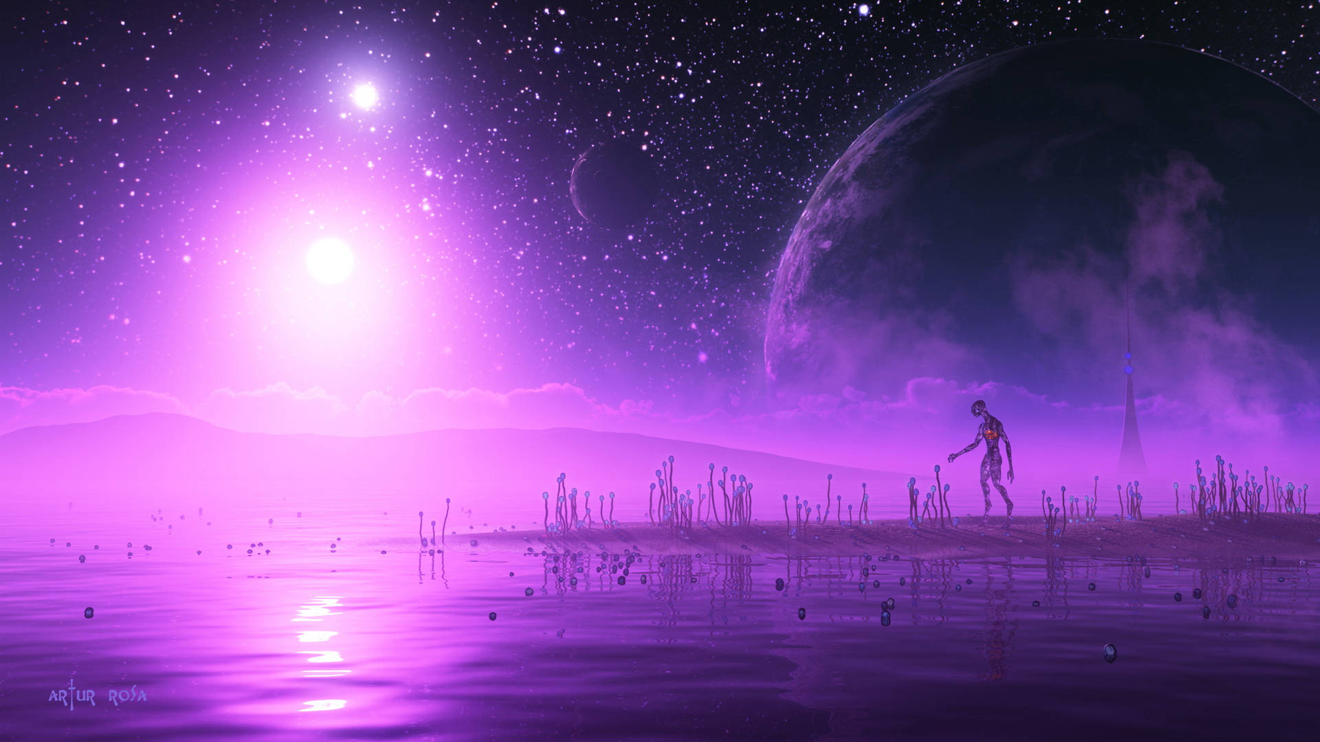 Light Pink Aesthetic, alien shoreline, starry sky, Full HD Desktop Wallpaper