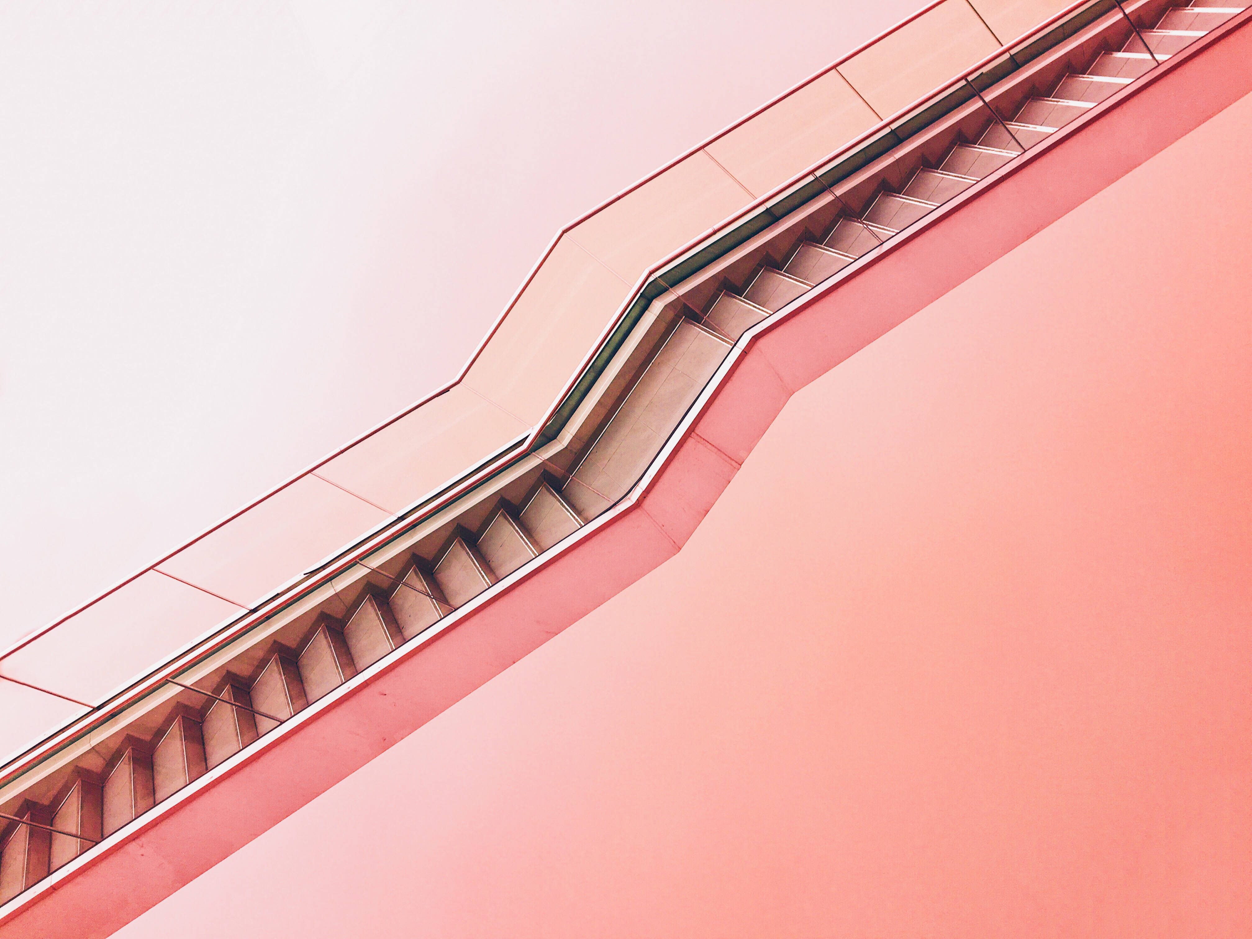 visible stairs, modern pink staircase, soft gradient sky, 4K Desktop Wallpaper