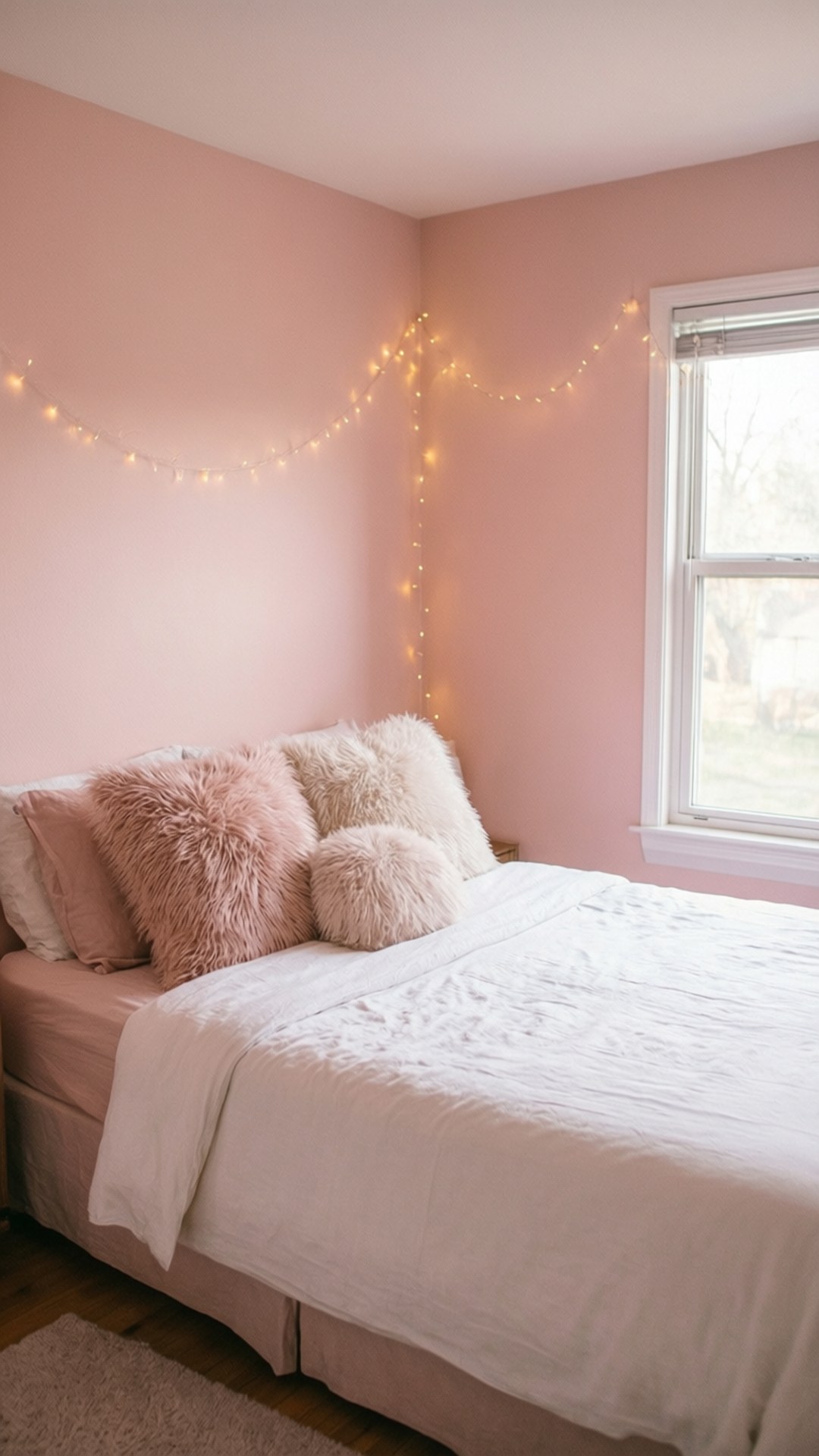 pink bedroom sanctuary, soft pink walls, string lights, Full HD Phone Wallpaper