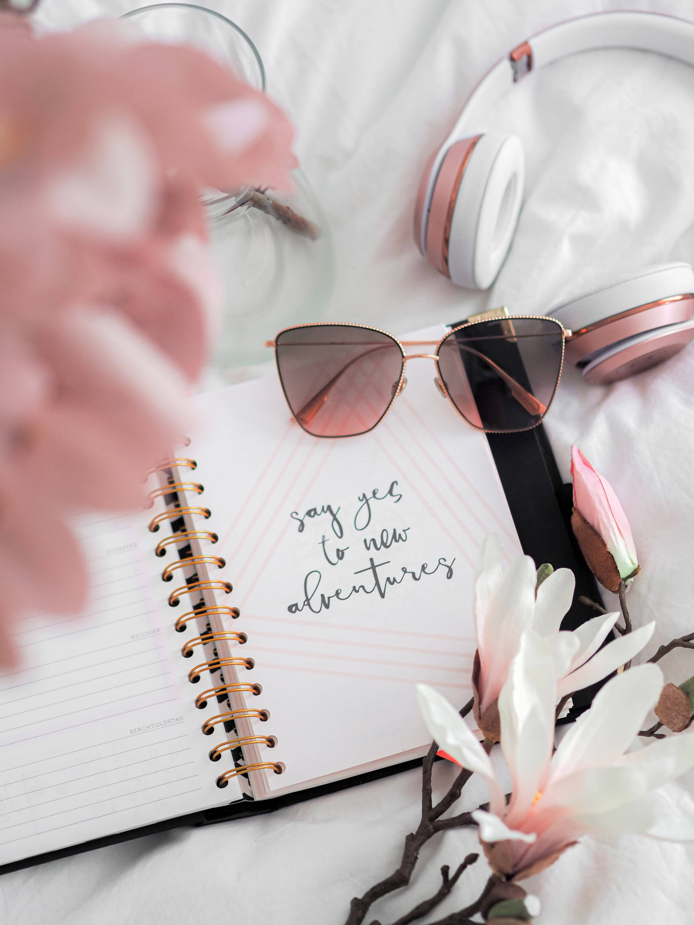 rose gold sunglasses, headphones, notebook, 2K Phone Wallpaper