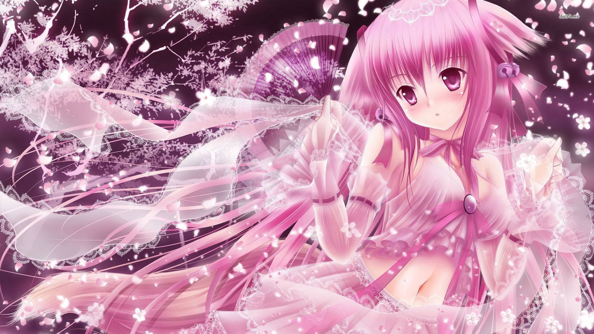 pink-haired anime girl, flowing pink dress, fan, Full HD Desktop Wallpaper