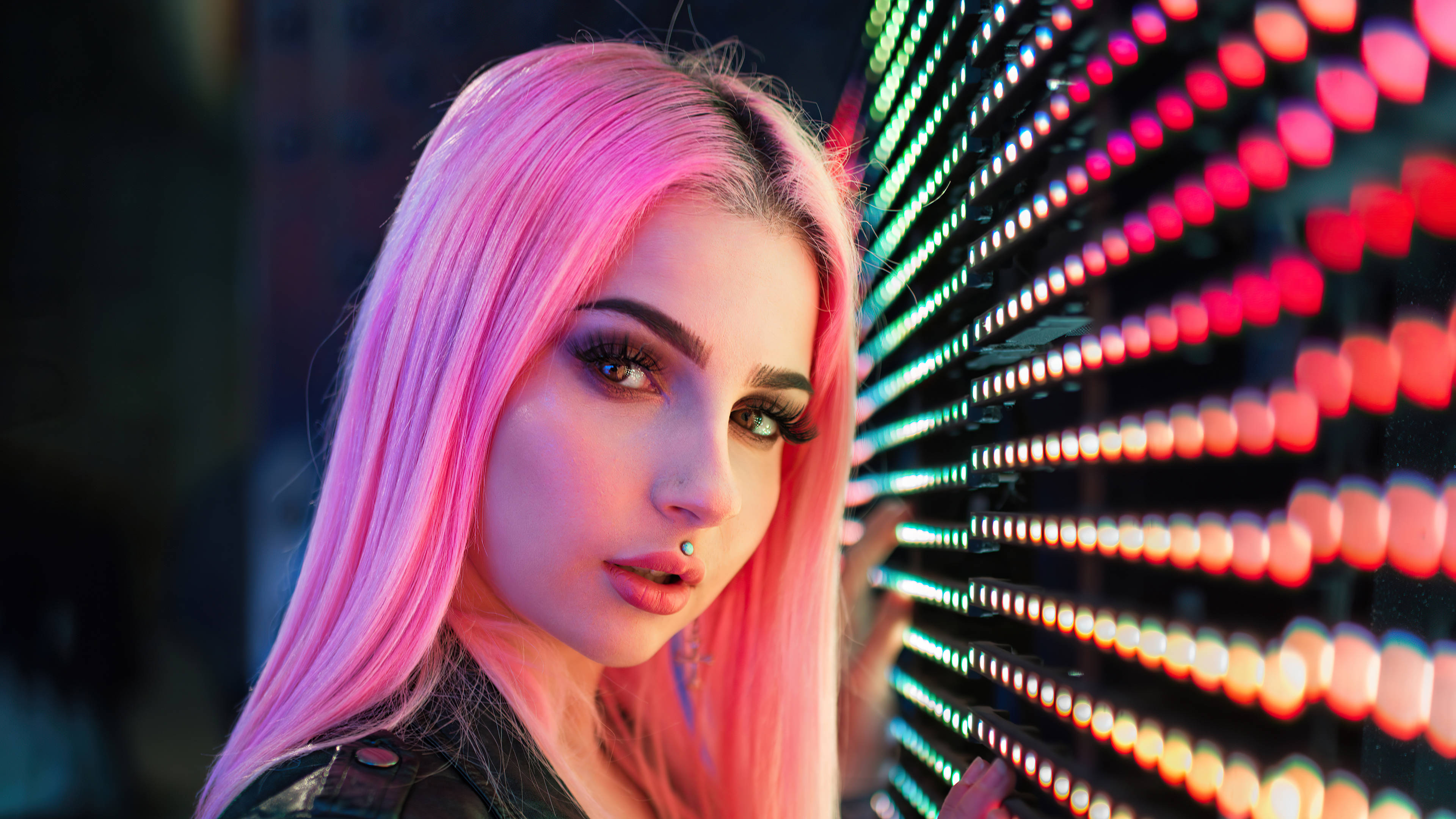 Light Pink Aesthetic, vibrant pink hair, glowing neon light installation, 4K Desktop Wallpaper