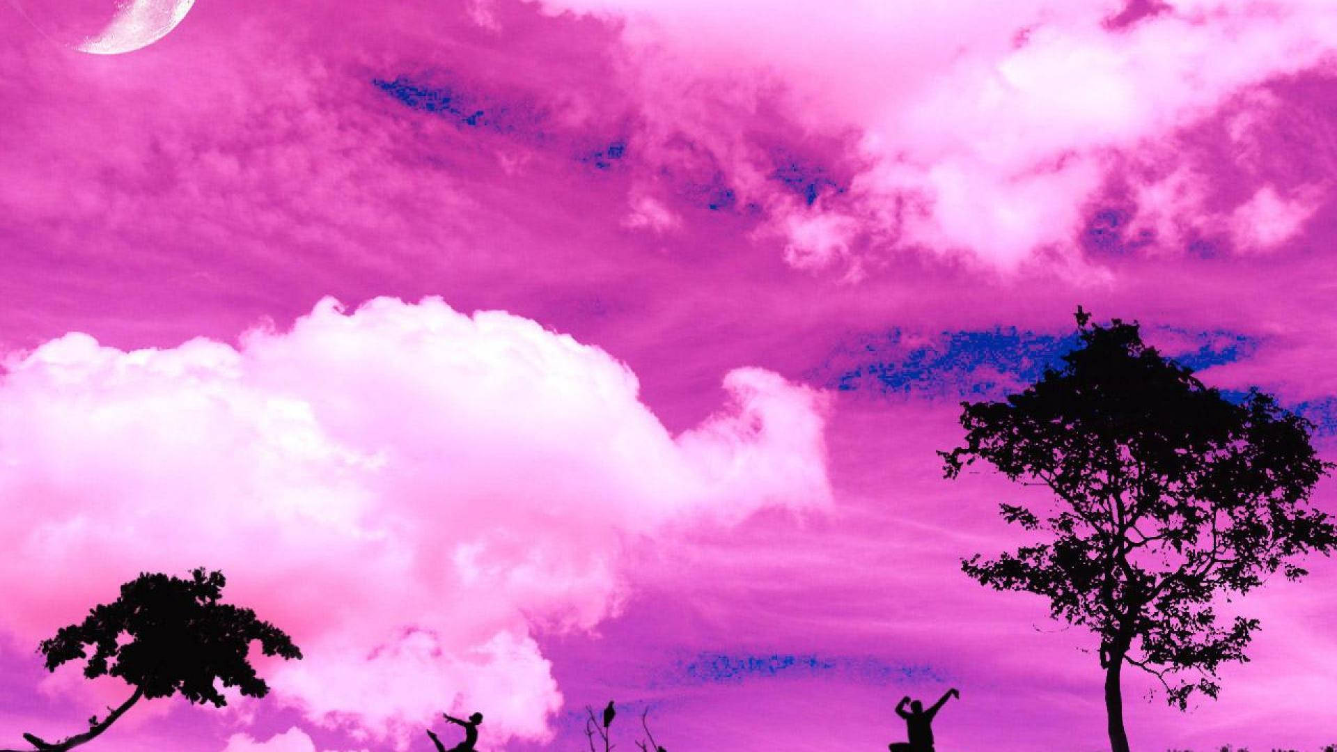 Light Pink Aesthetic, surreal magenta sky, crescent moon, Full HD Desktop Wallpaper
