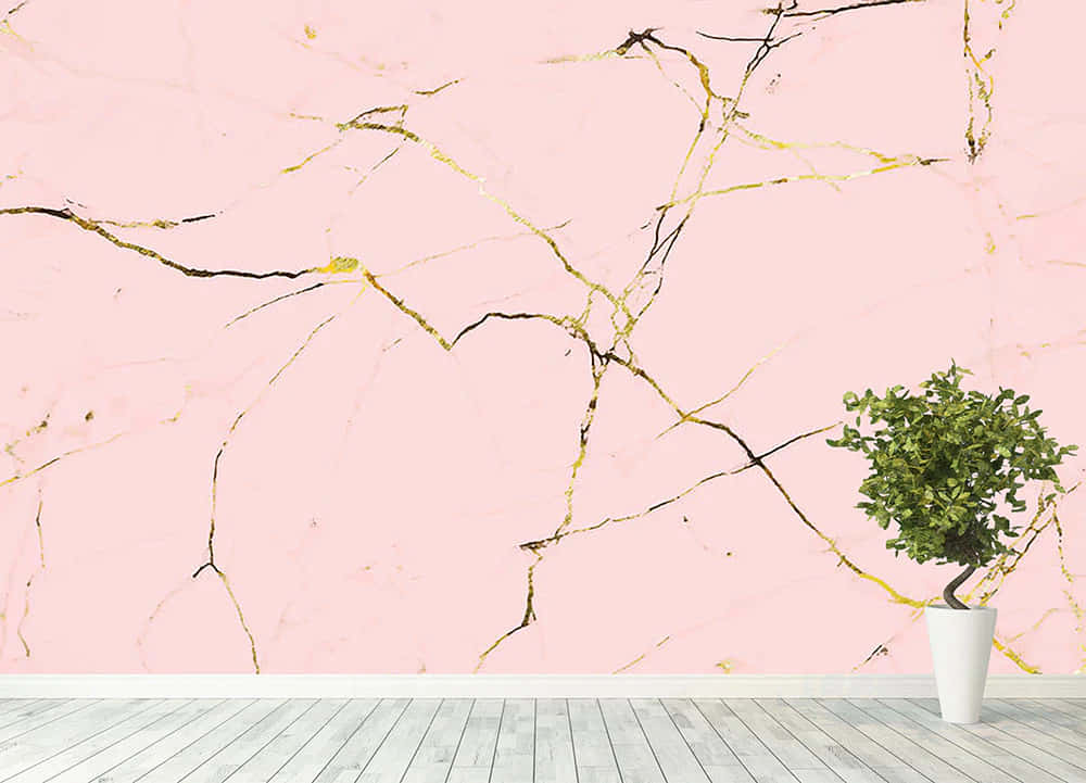pink marble wallpaper, gold and black veins, potted green plant, SD Desktop Wallpaper
