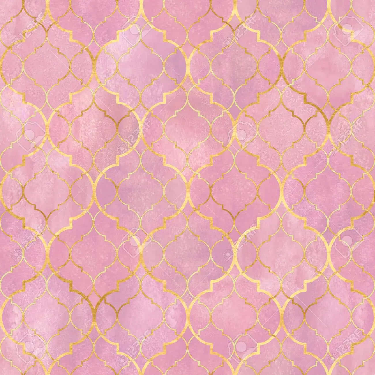 Light Pink and Gold, soft pink watercolor background, repeating gold quatrefoil patterns, HD Desktop Wallpaper
