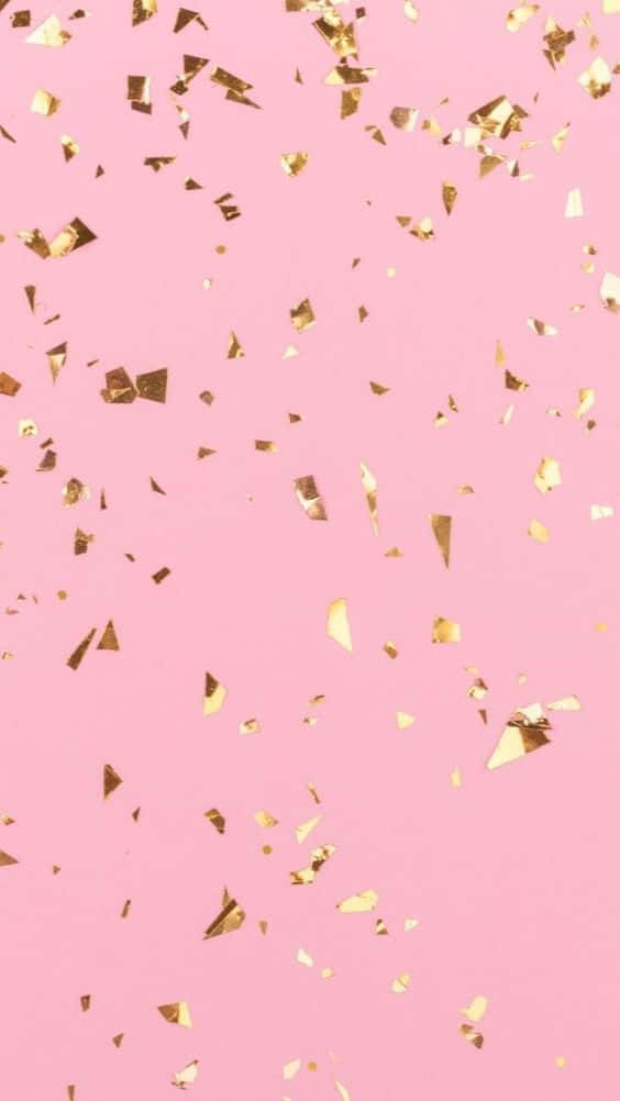 Light Pink iPhone, pink background, shimmering gold confetti, SD Phone Wallpaper