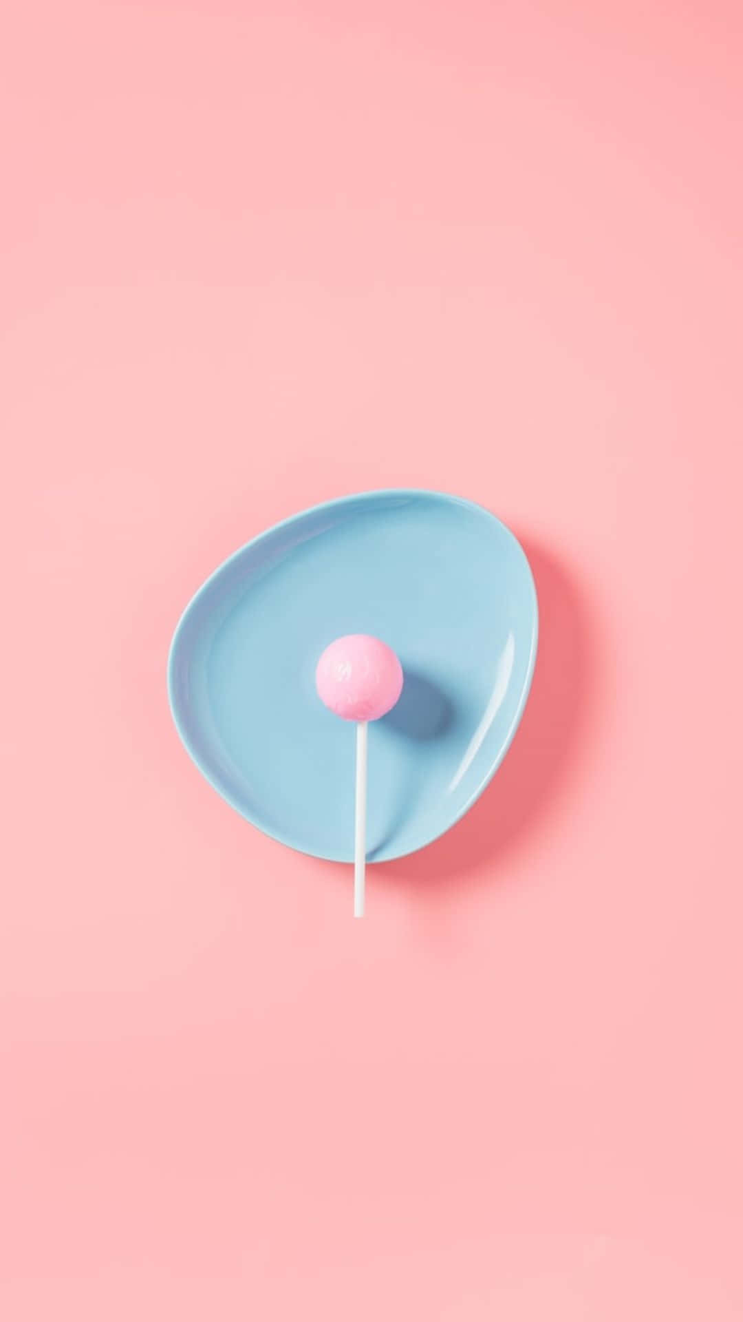 light pink iPhone, pink lollipop, light blue plate, Full HD Phone Wallpaper