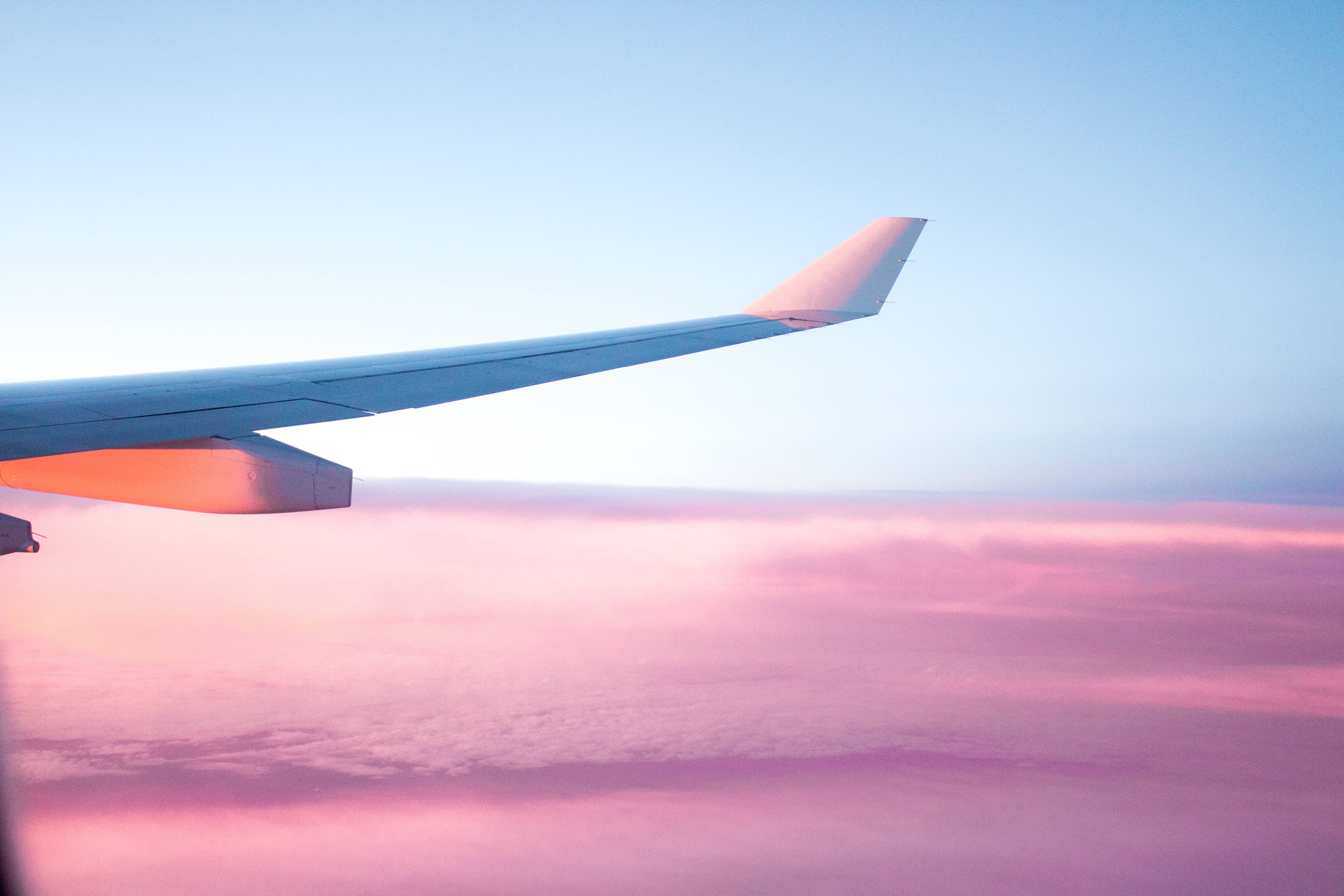 plane wing, pink sky, sunrise, 5K Desktop Wallpaper