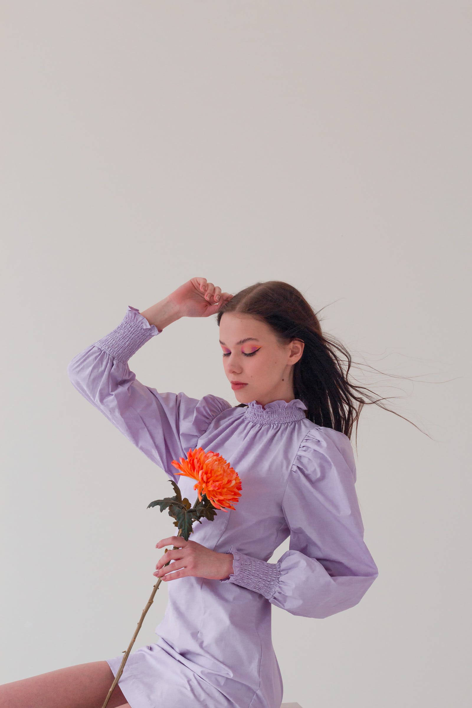 light purple aesthetic lady, lavender dress, orange flower, Full HD Phone Wallpaper