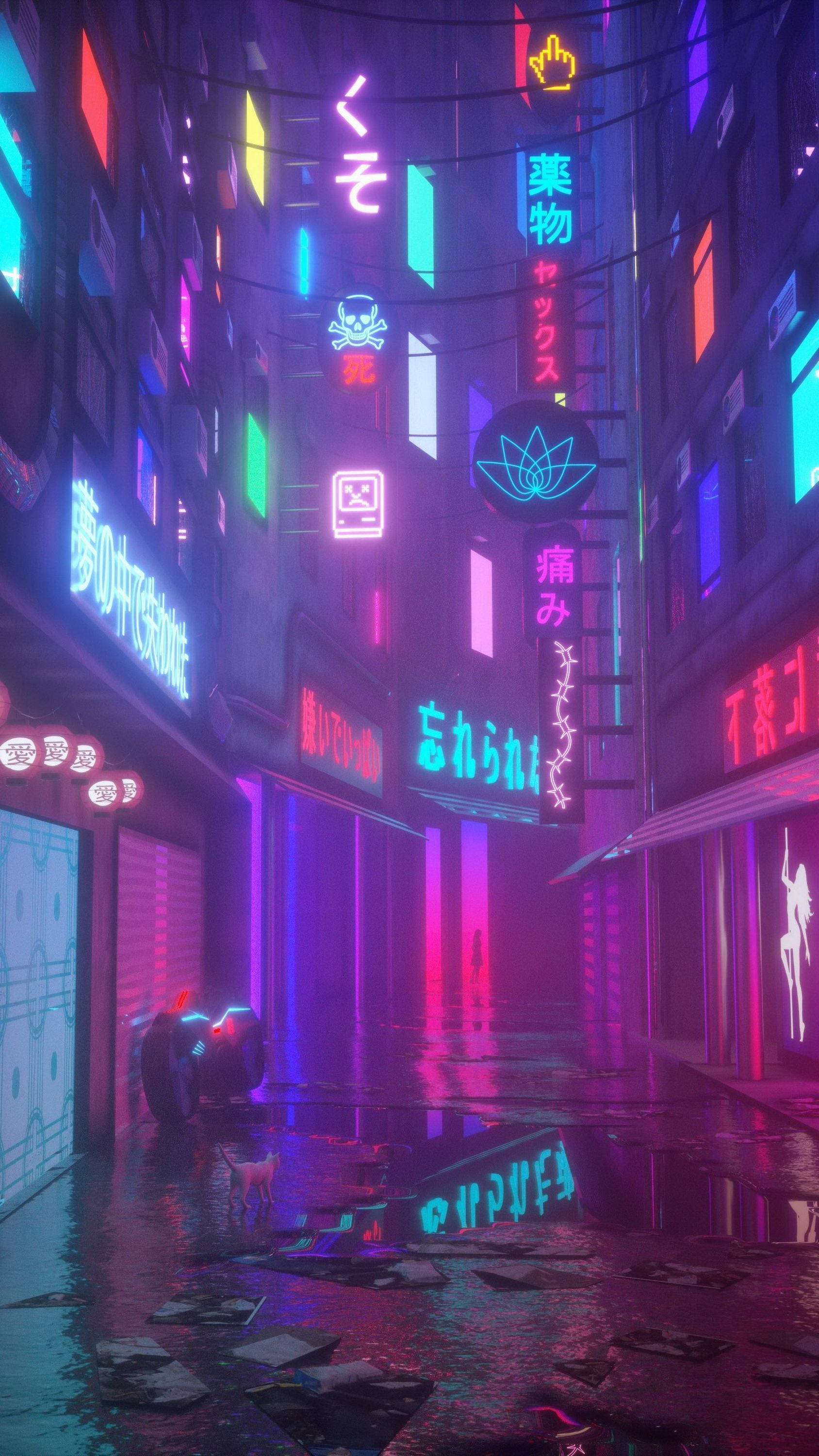 Light Purple Aesthetic, neon-drenched cyberpunk alley, glowing signs, 2K Phone Wallpaper