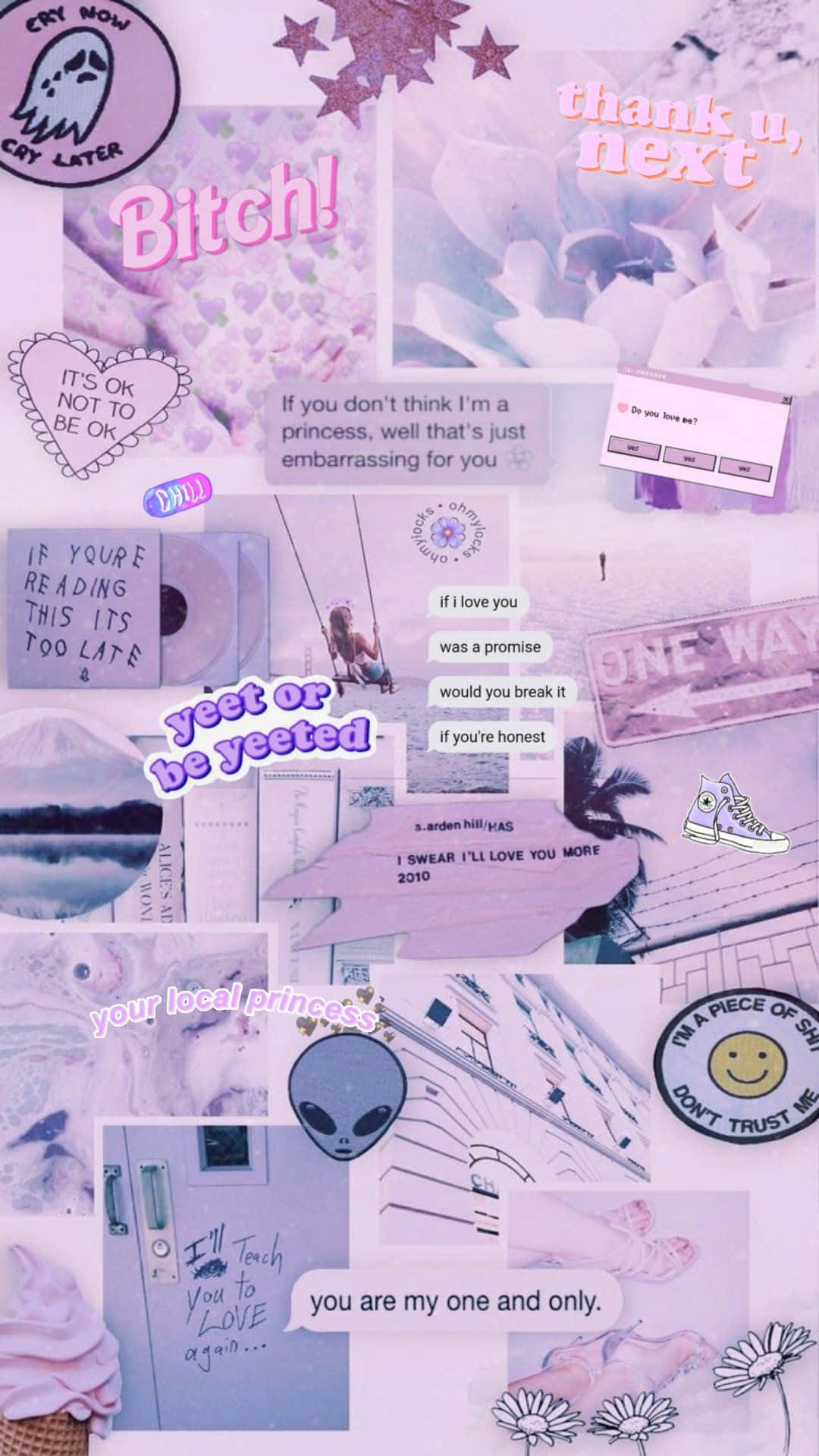 purple collage, handwritten quotes stickers, alien art, HD Phone Wallpaper