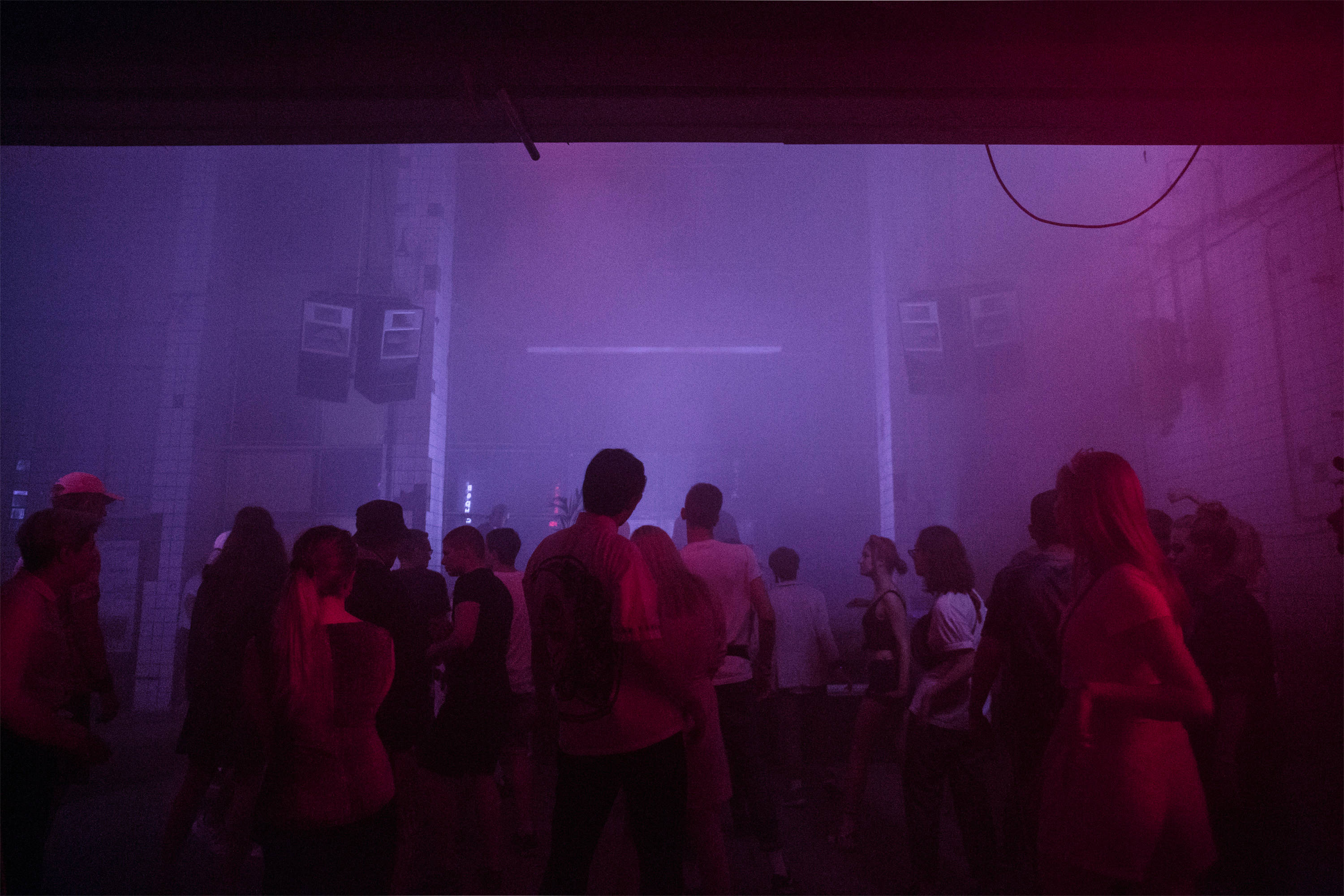 Purple Aesthetic Night Club, smoky purple and red lit warehouse, haze, 2K Desktop Wallpaper