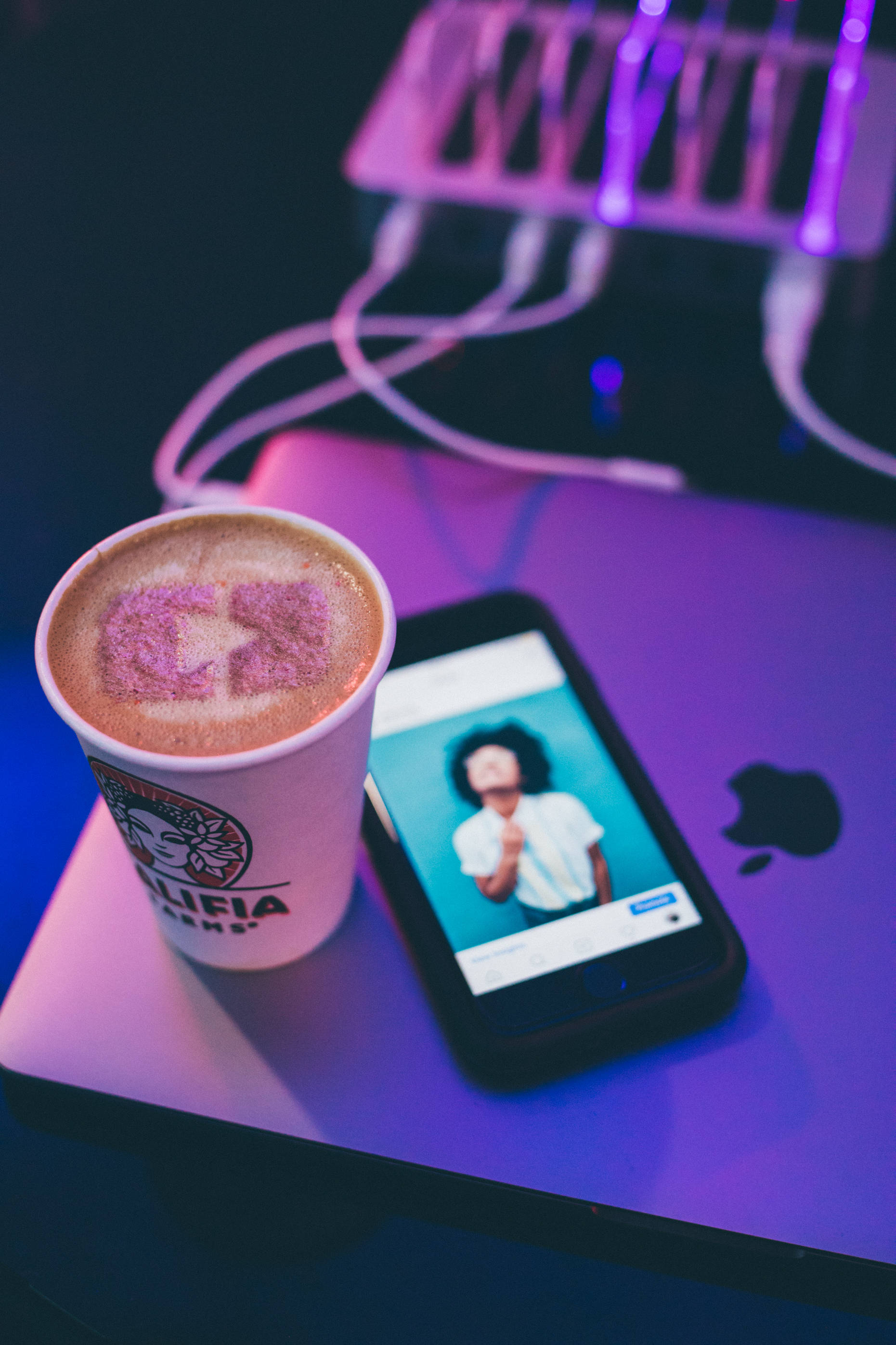Light Purple iPhone, purple neon light, latte with pink heart foam, 2K Phone Wallpaper