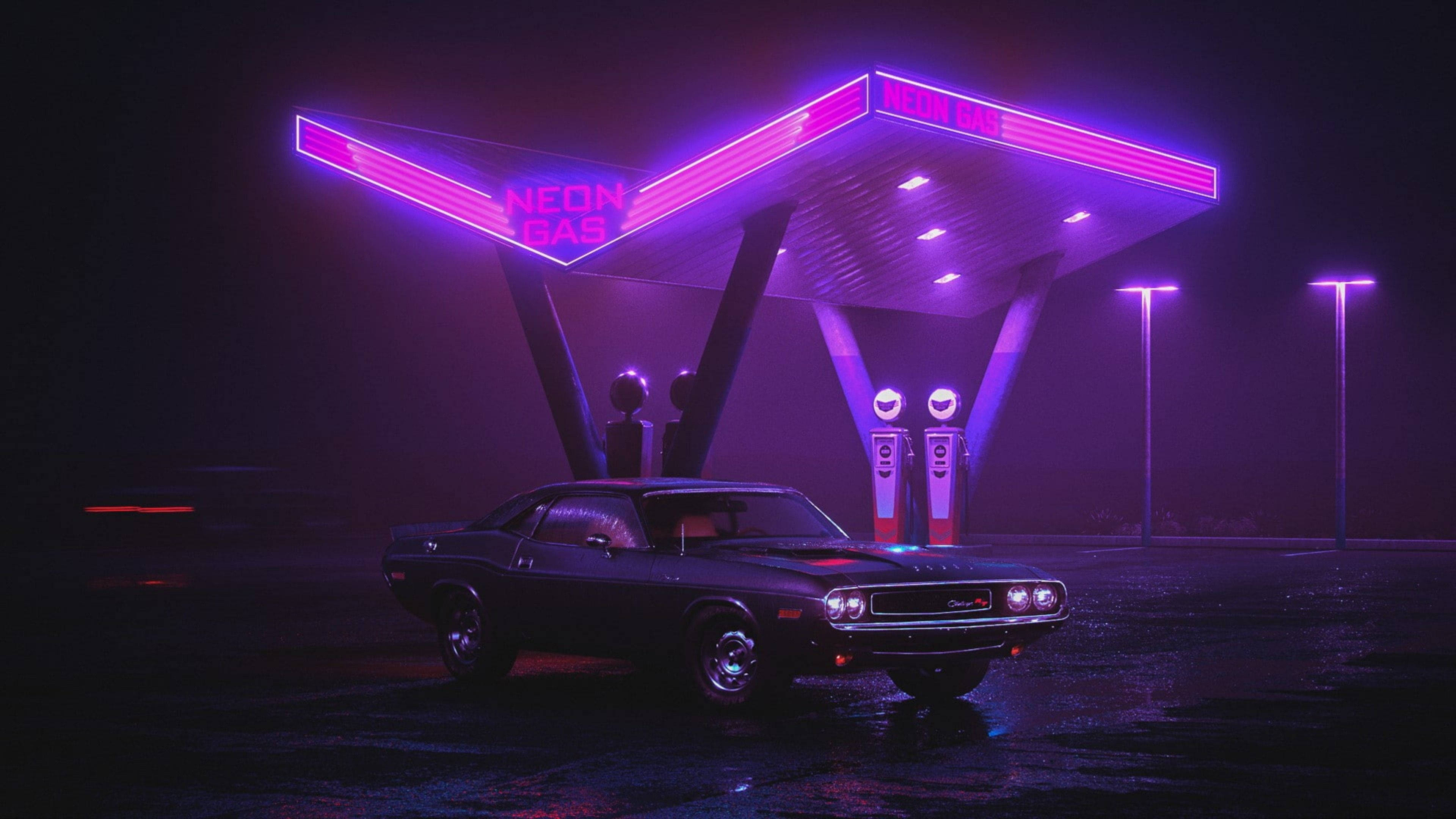 classic muscle car, vibrant purple neon gas station sign, misty night, 4K Desktop Wallpaper