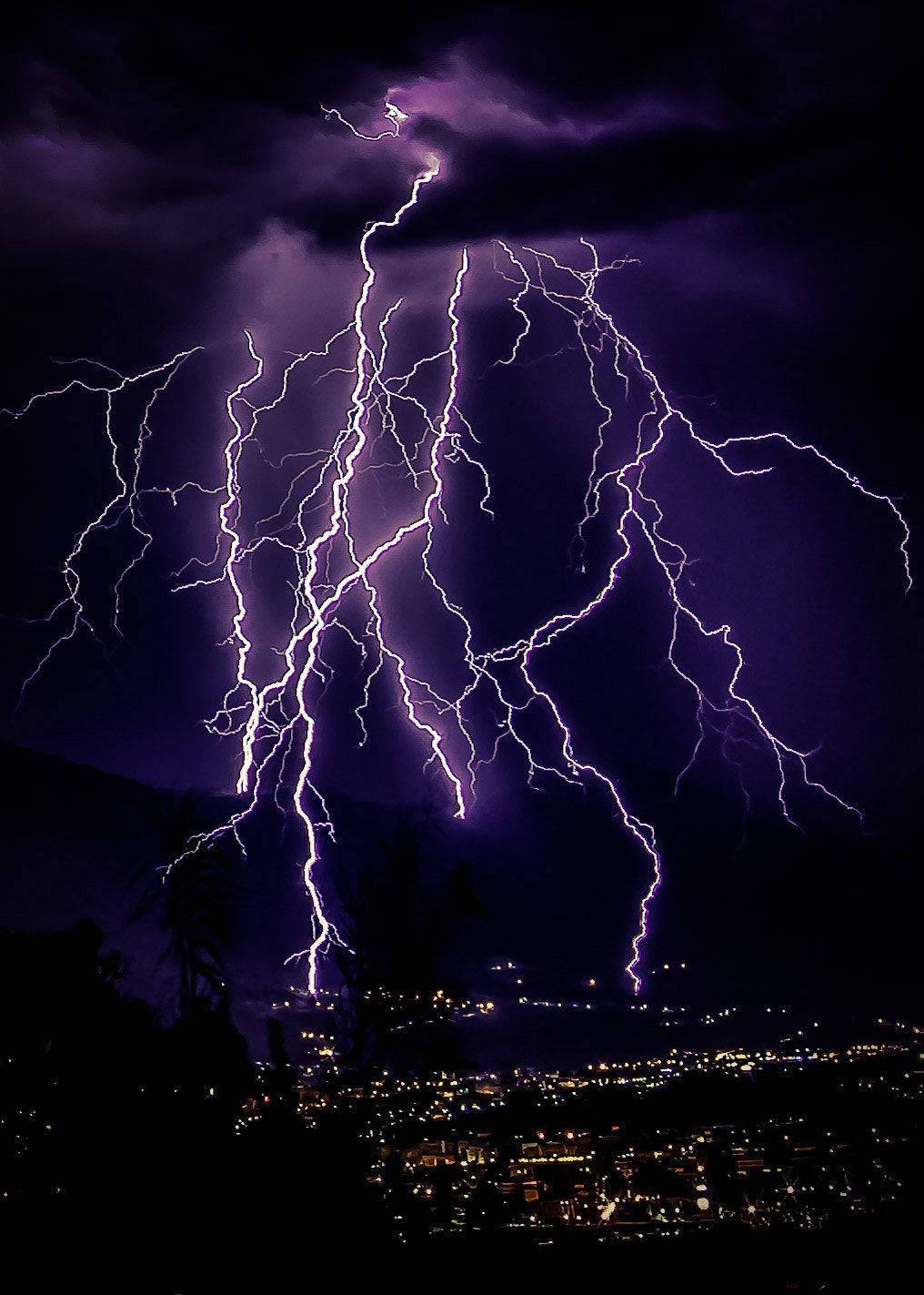 Light Purple Lightning, stormy night sky, silhouetted cityscape, HD Phone Wallpaper