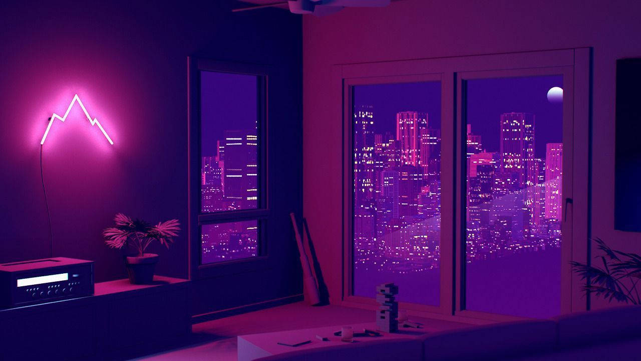 neon pink mountain-shaped light, modern apartment, vibrant purple cityscape, HD Desktop Wallpaper