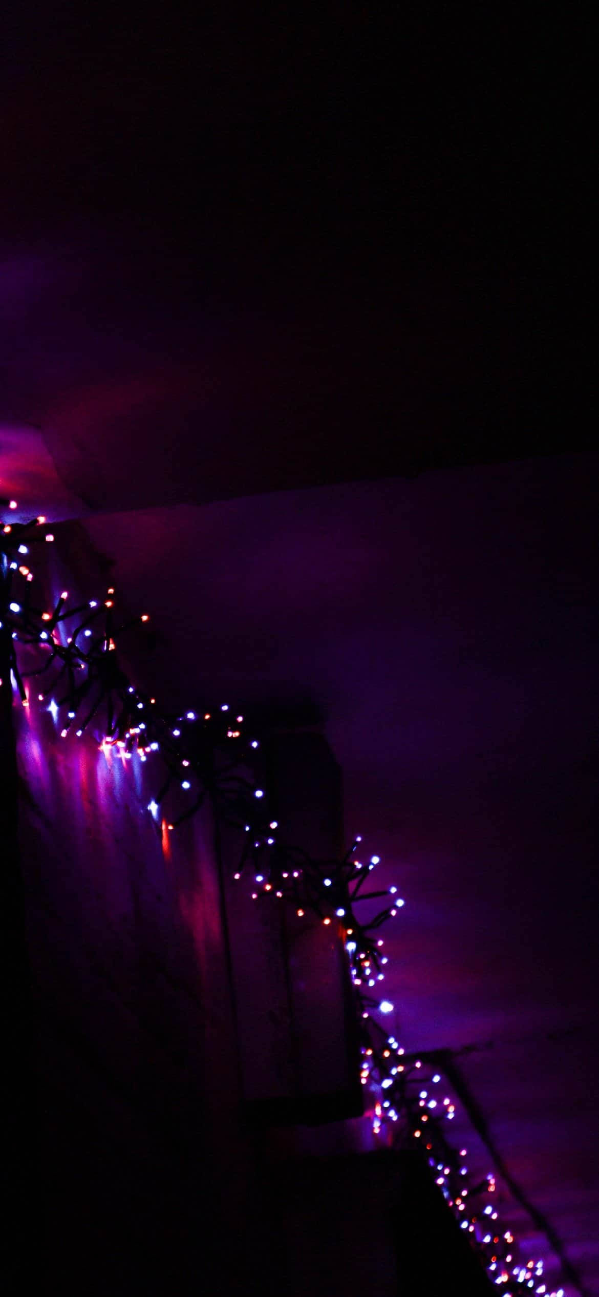 light purple aesthetic fairy lights, twinkling purple and pink string lights, dark staircase, Full HD Phone Wallpaper
