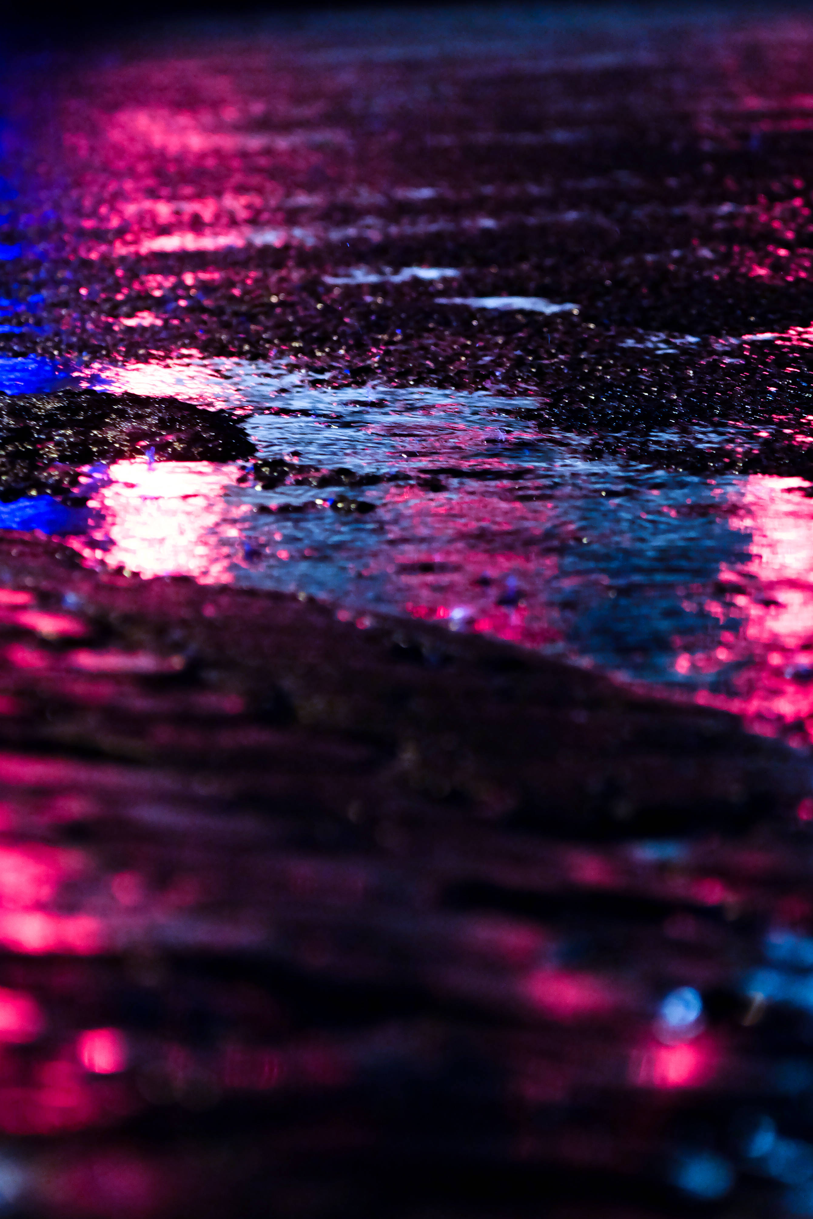 light purple, puddle, rain-slicked pavement, 4K Phone Wallpaper