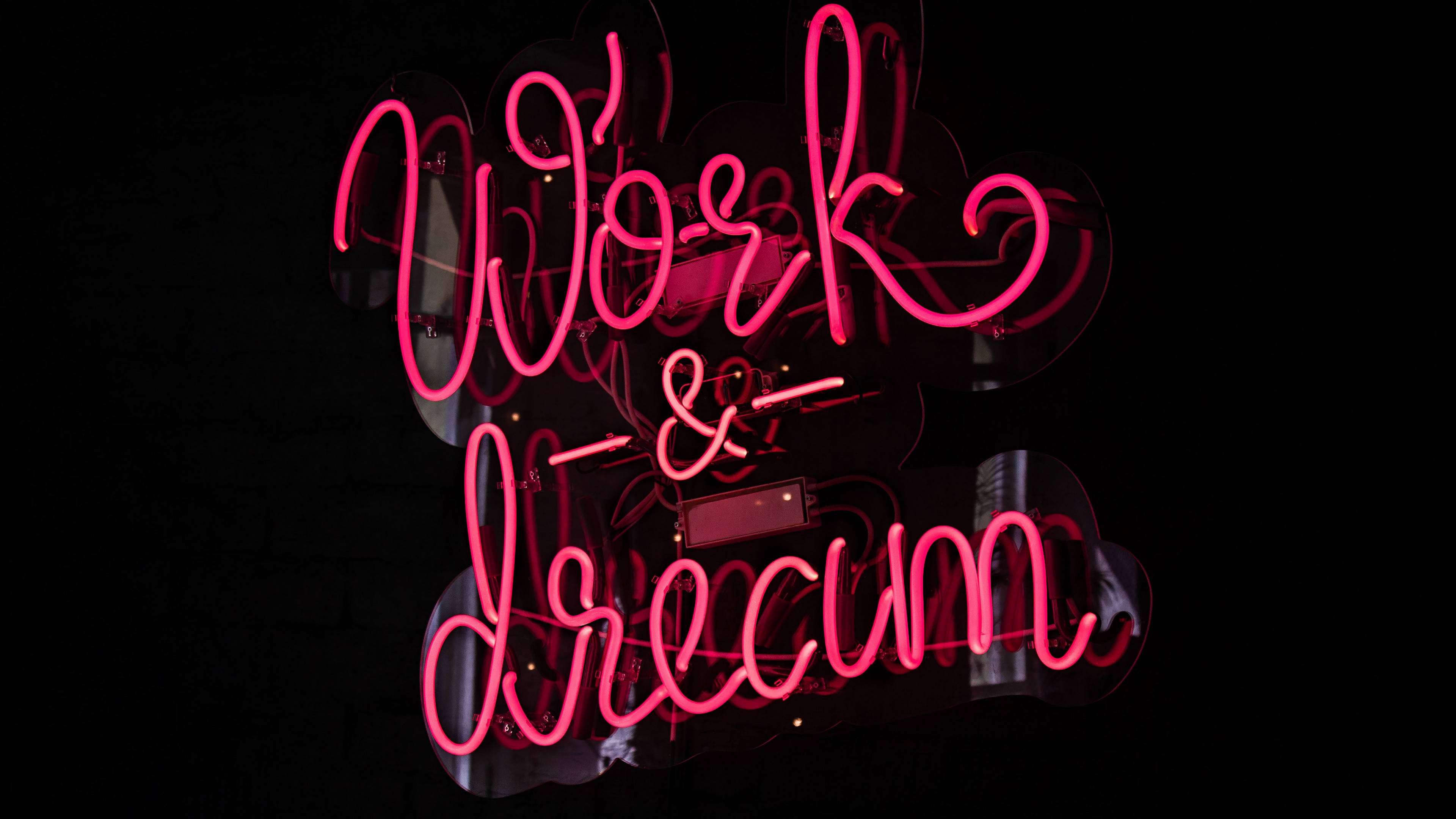 Neon Red, Work & Dream, Vibrant pink neon sign, 4K Desktop Wallpaper