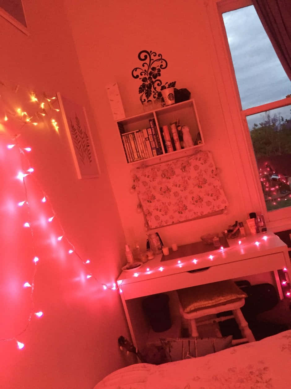 cozy red aesthetic room, warm red light, string lights, SD Phone Wallpaper