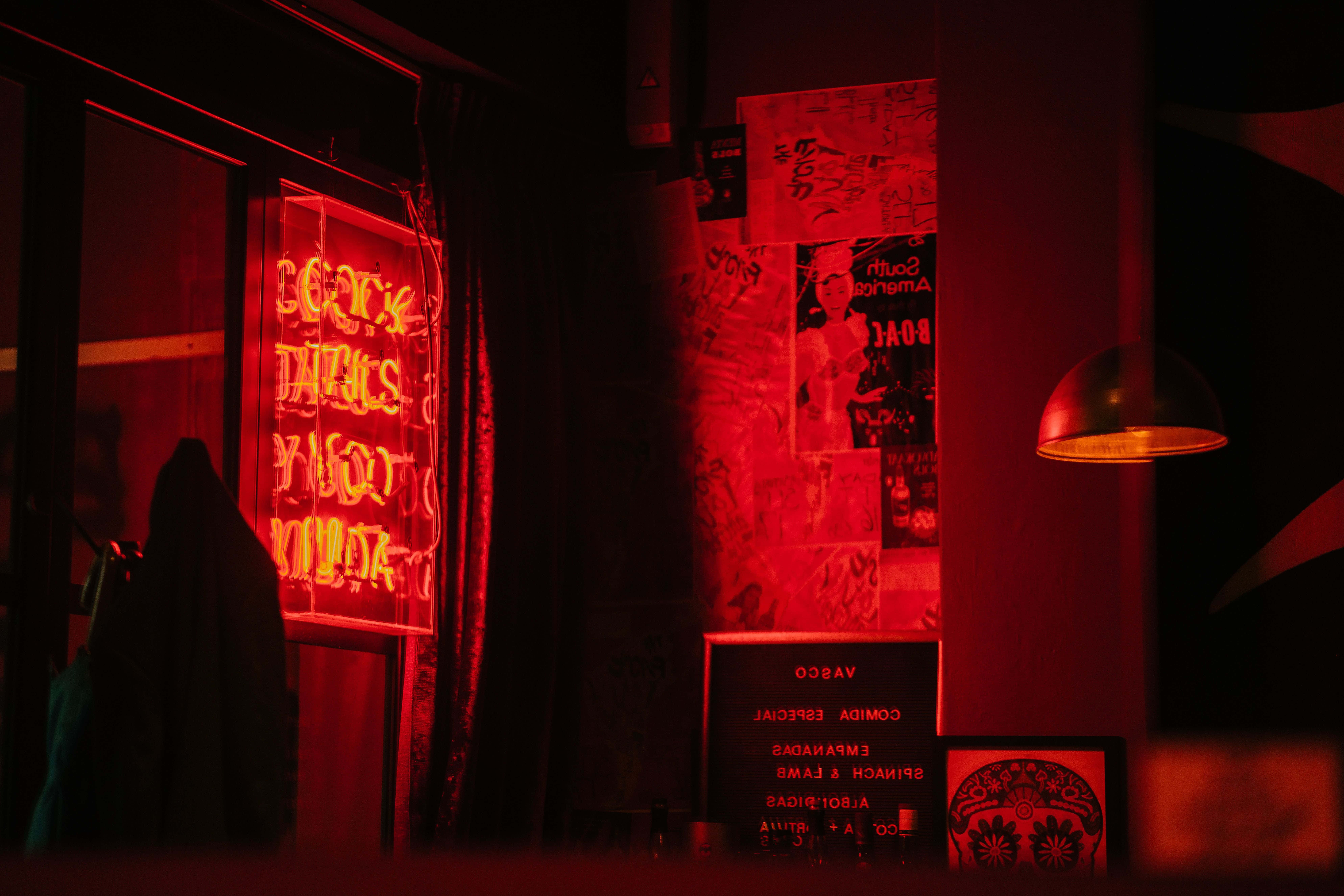 Light Red, red neon glow, dimly lit bar, 8K Desktop Wallpaper