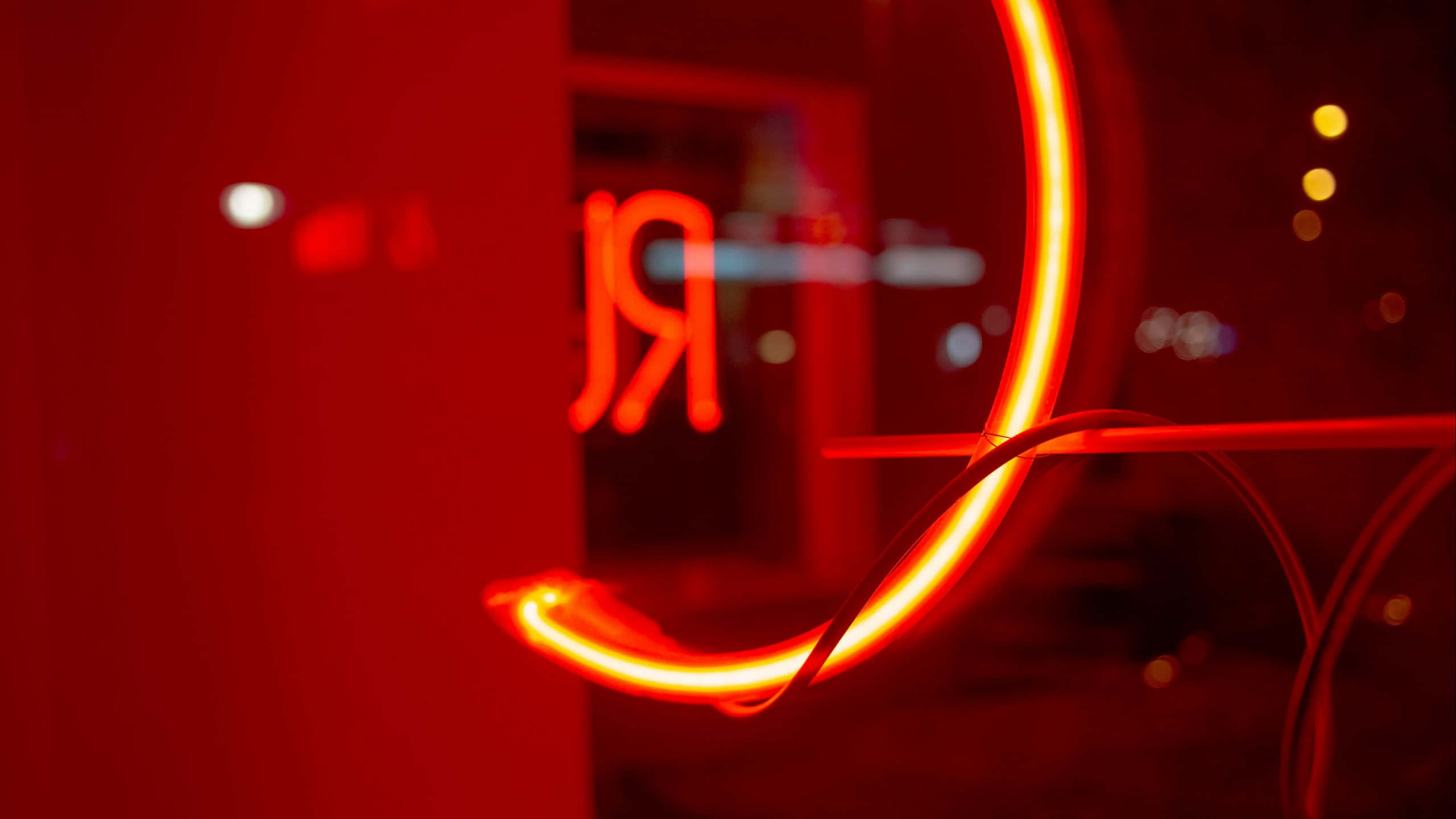 Geometric Light Red Patterns, glowing red neon sign, dark urban backdrop, 2K Desktop Wallpaper