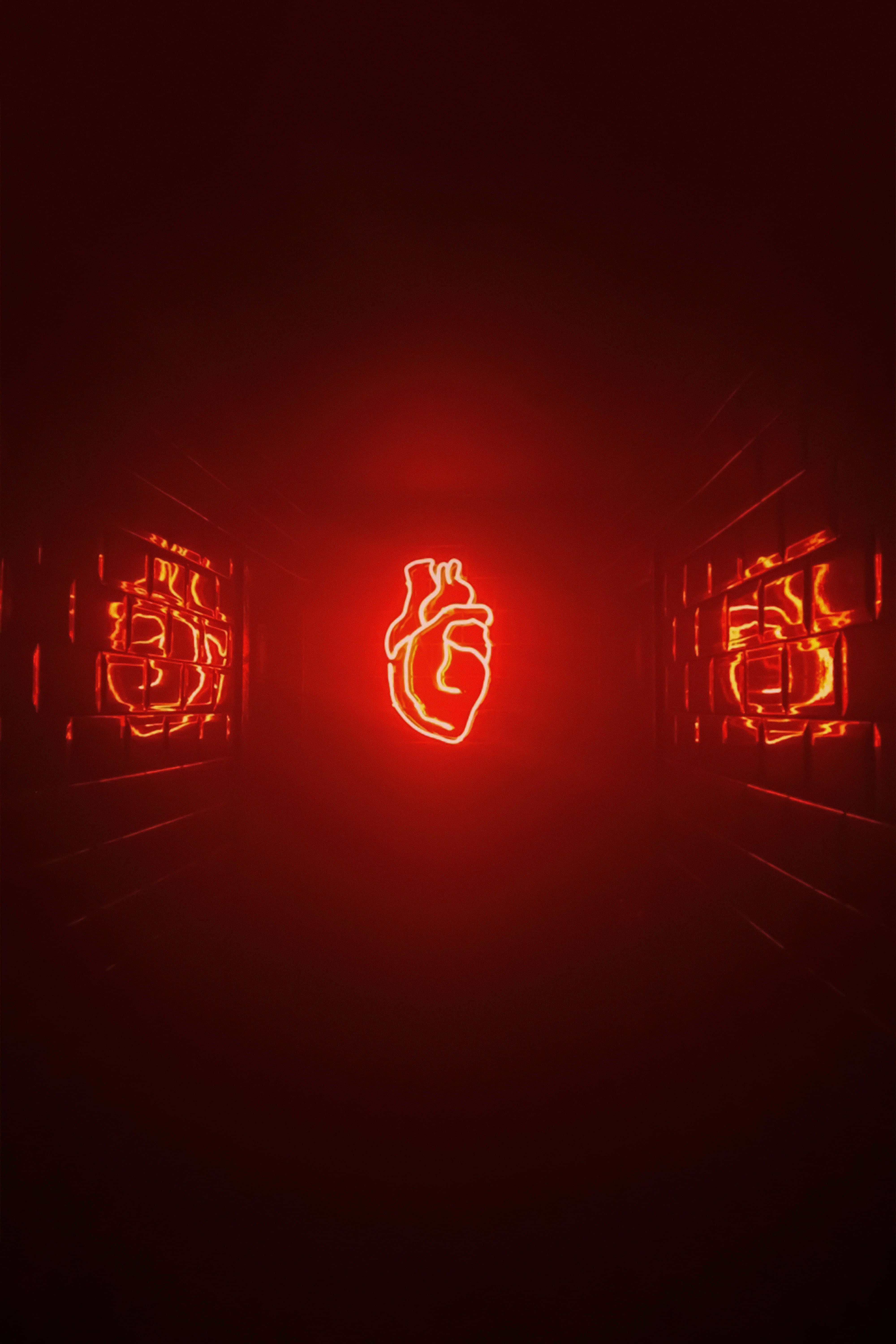 neon heart sign, dark corridor, mirrored walls, 5K Phone Wallpaper