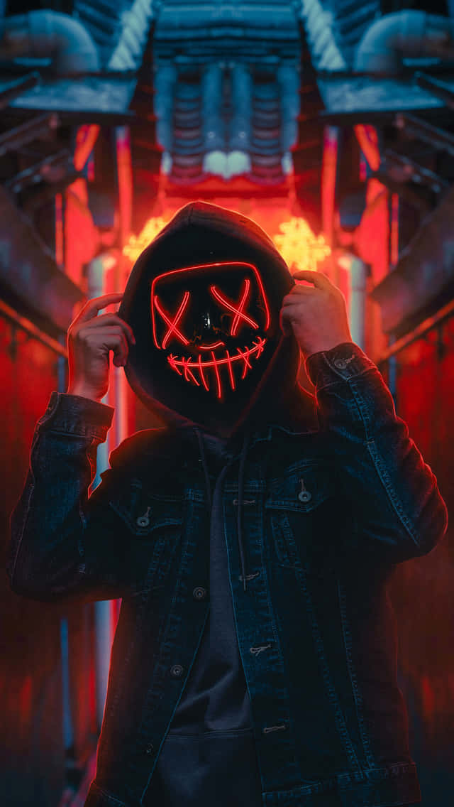 light red, denim jacket, glowing red LED mask, SD Phone Wallpaper