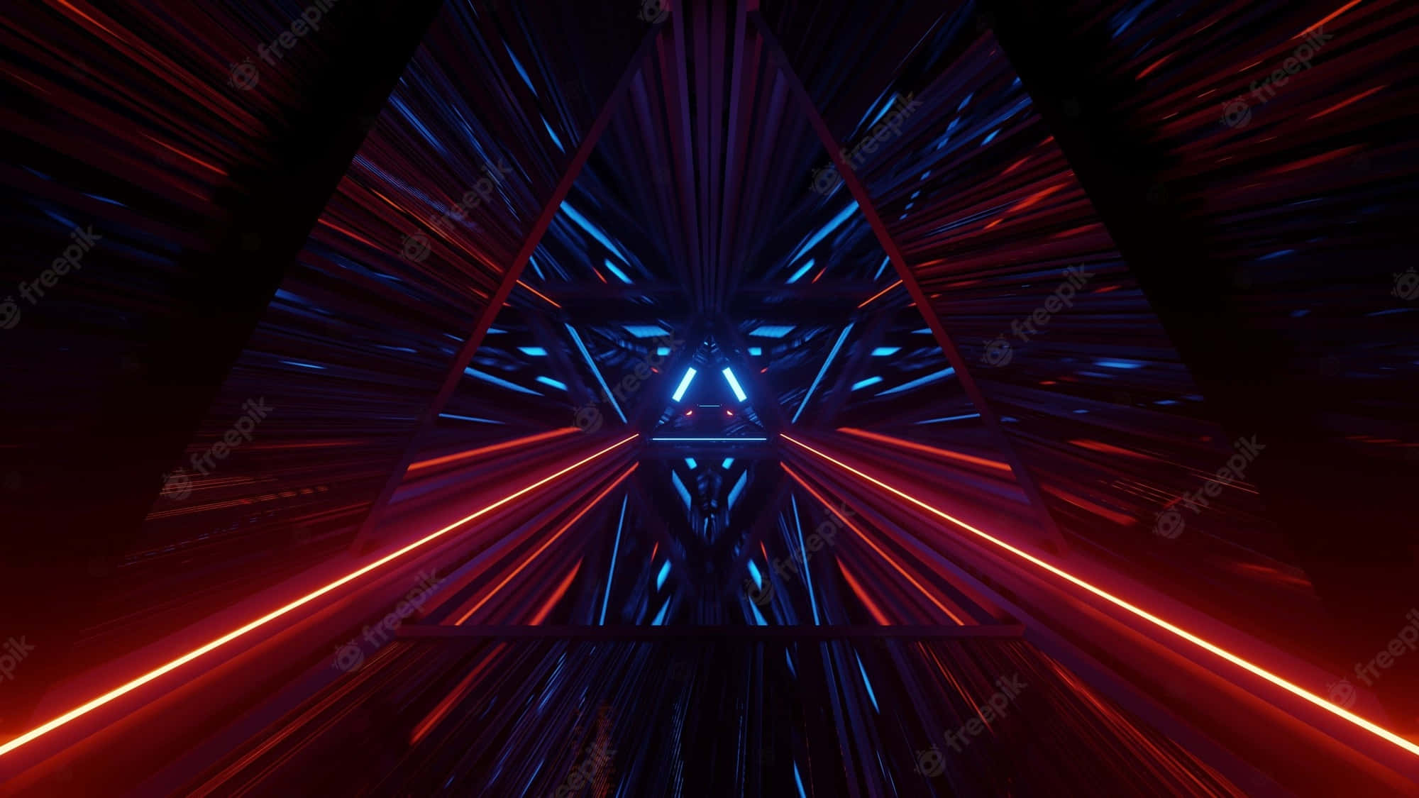 Light Red, neon-lit triangular tunnel, red and blue light streaks, Full HD Desktop Wallpaper