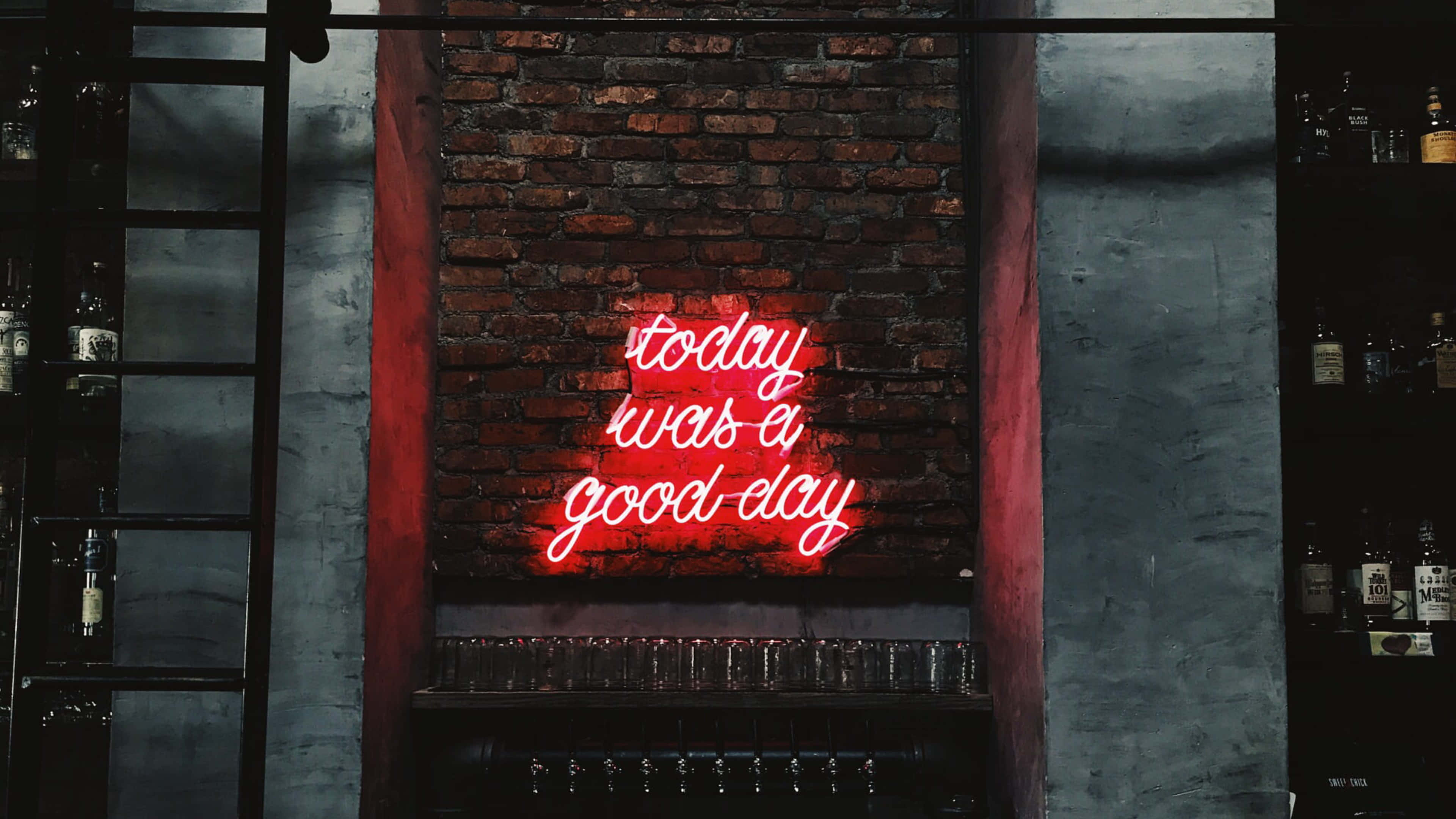 red neon sign, today was a good day, brick wall, 4K Desktop Wallpaper