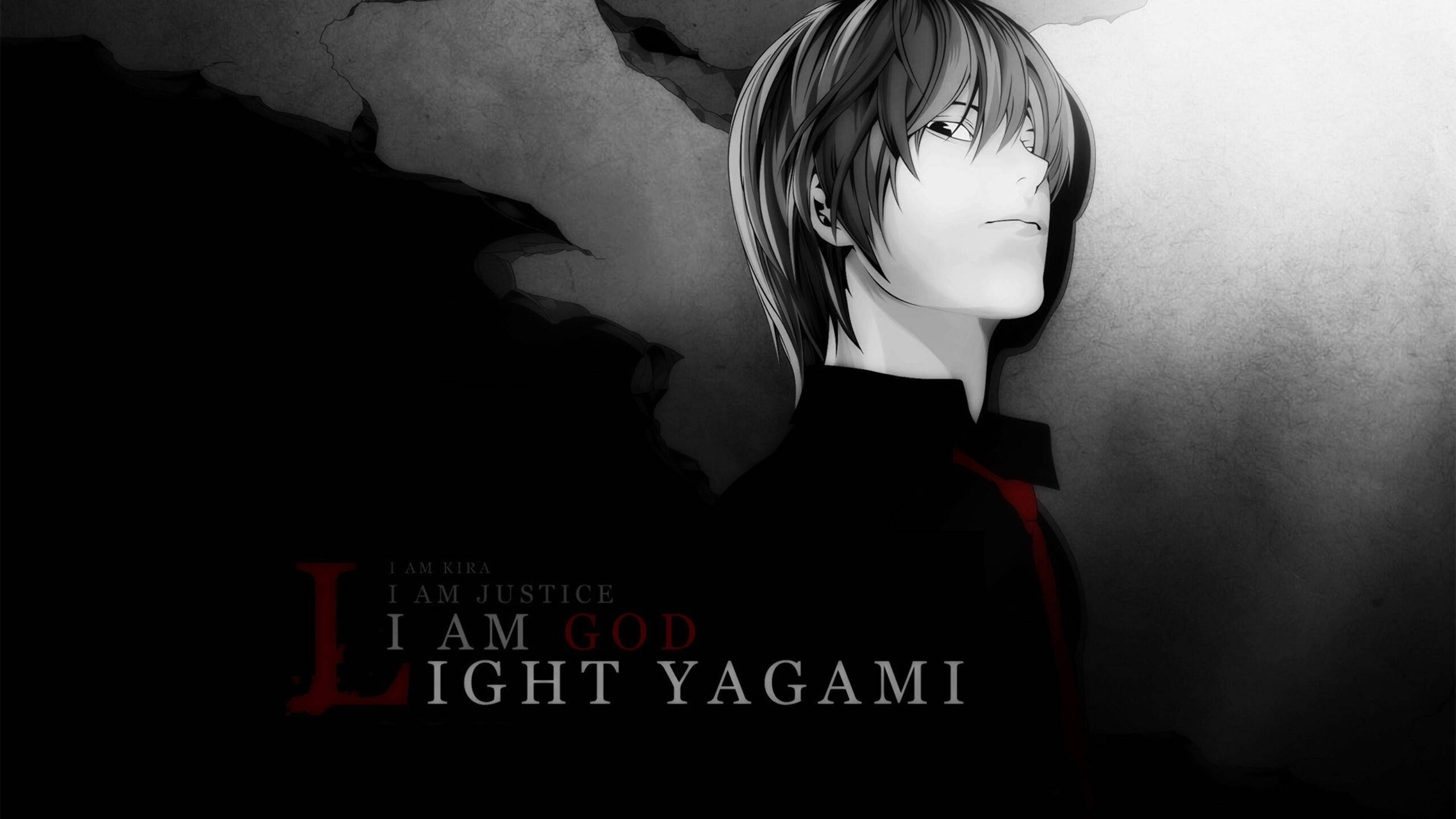Light Yagami, monochrome, red accents, 2K Desktop Wallpaper