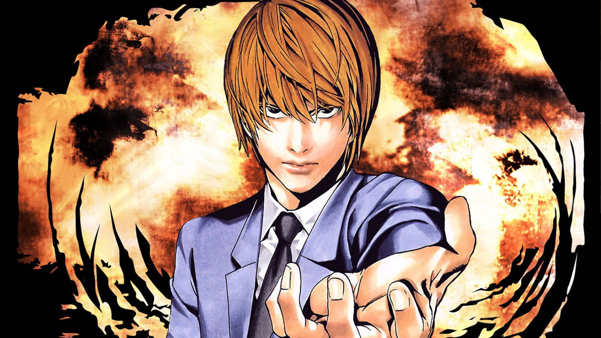 Light Yagami, suit, fiery explosive background, Full HD Desktop Wallpaper