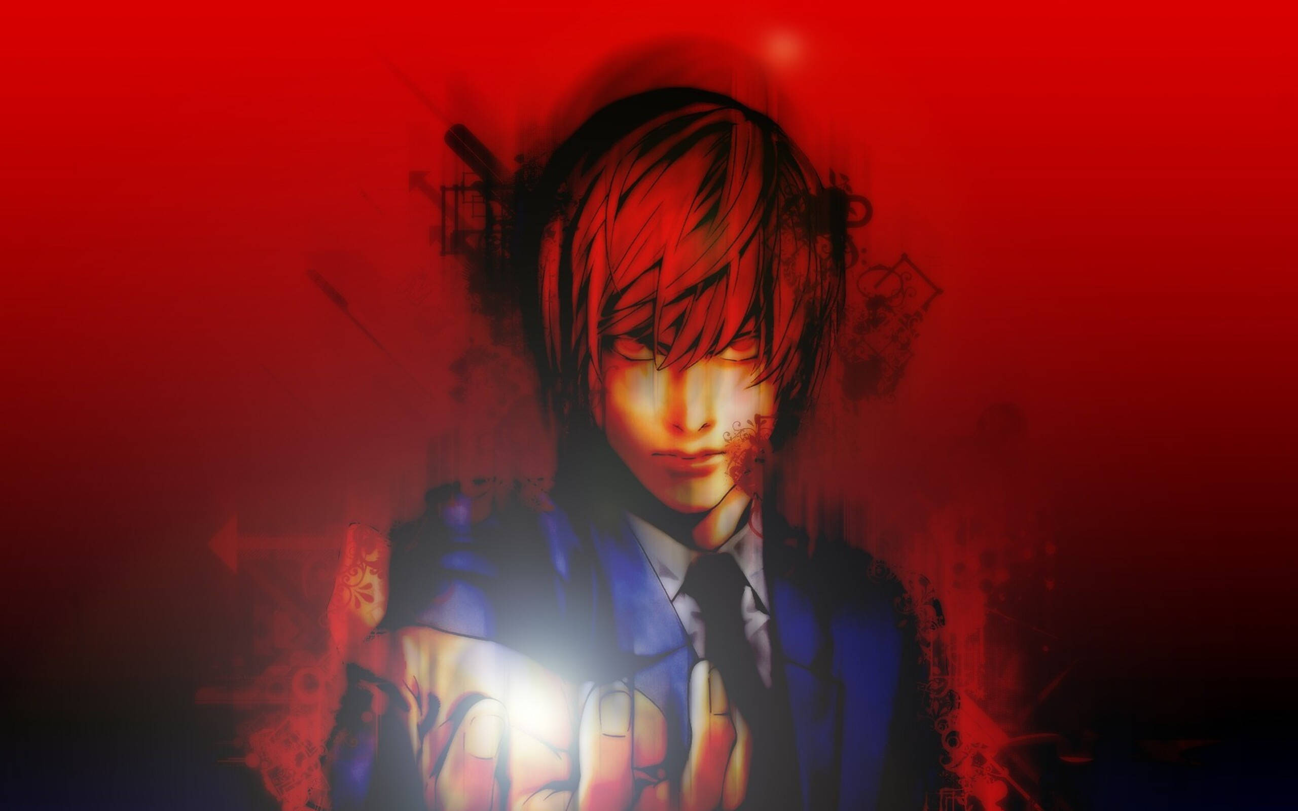 Light Yagami, red glitching, blue suit, 2K Desktop Wallpaper