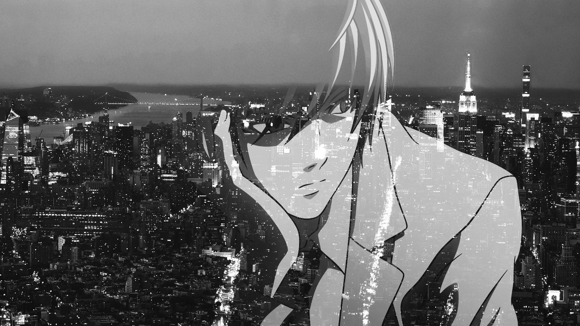 Light Yagami, monochrome anime character, glowing eyes, Full HD Desktop Wallpaper