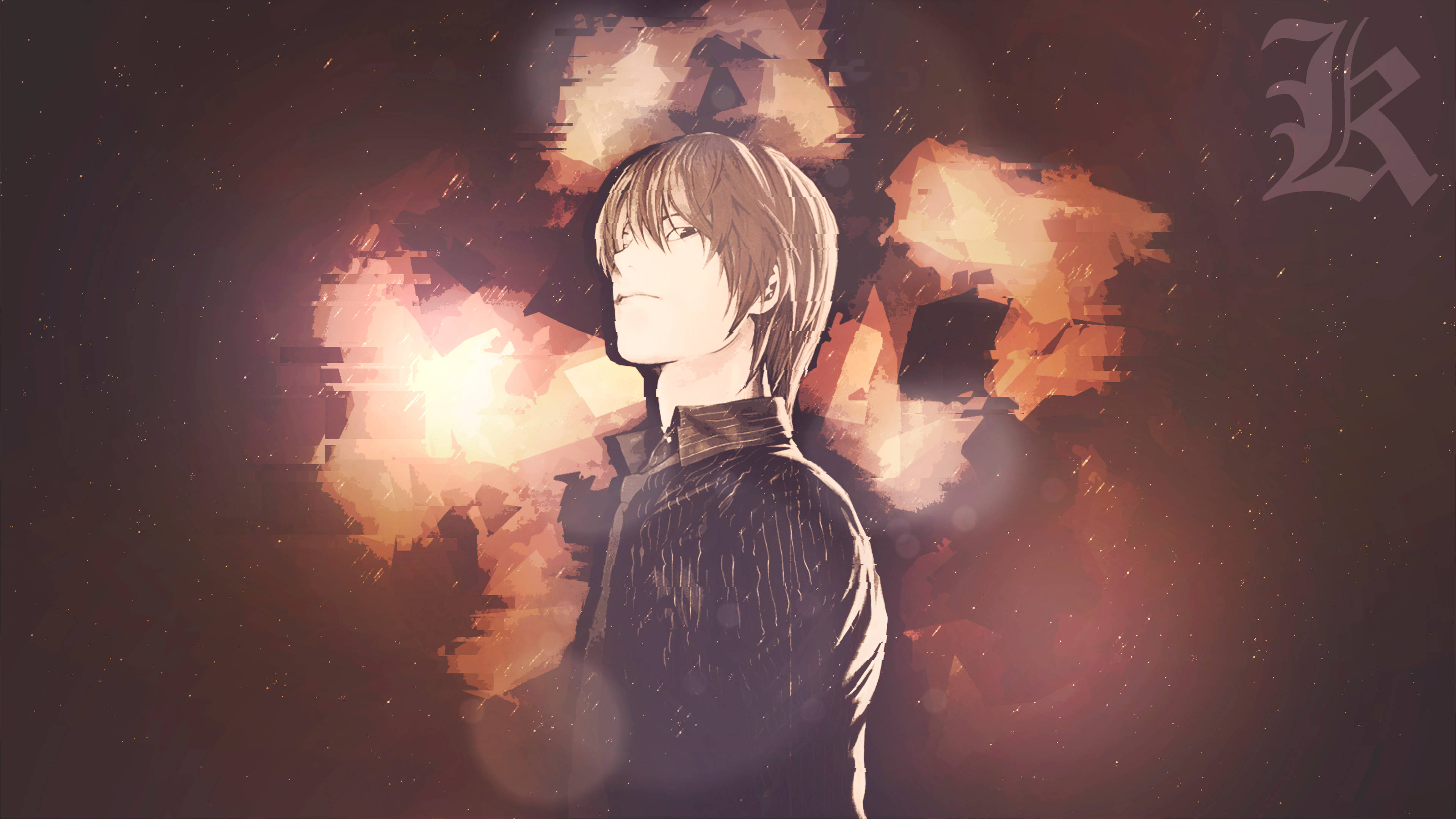 Light Yagami, vintage style, fiery abstract background, 4K Desktop Wallpaper