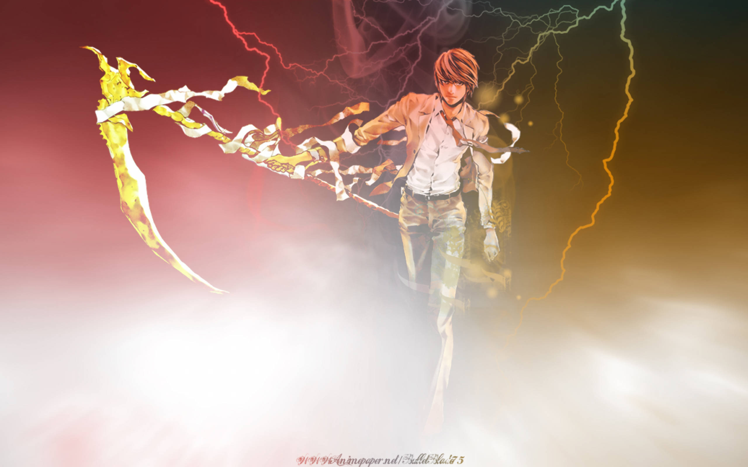 Light Yagami, glowing golden scythe, stormy red and yellow lightning-filled sky, 2K Desktop Wallpaper