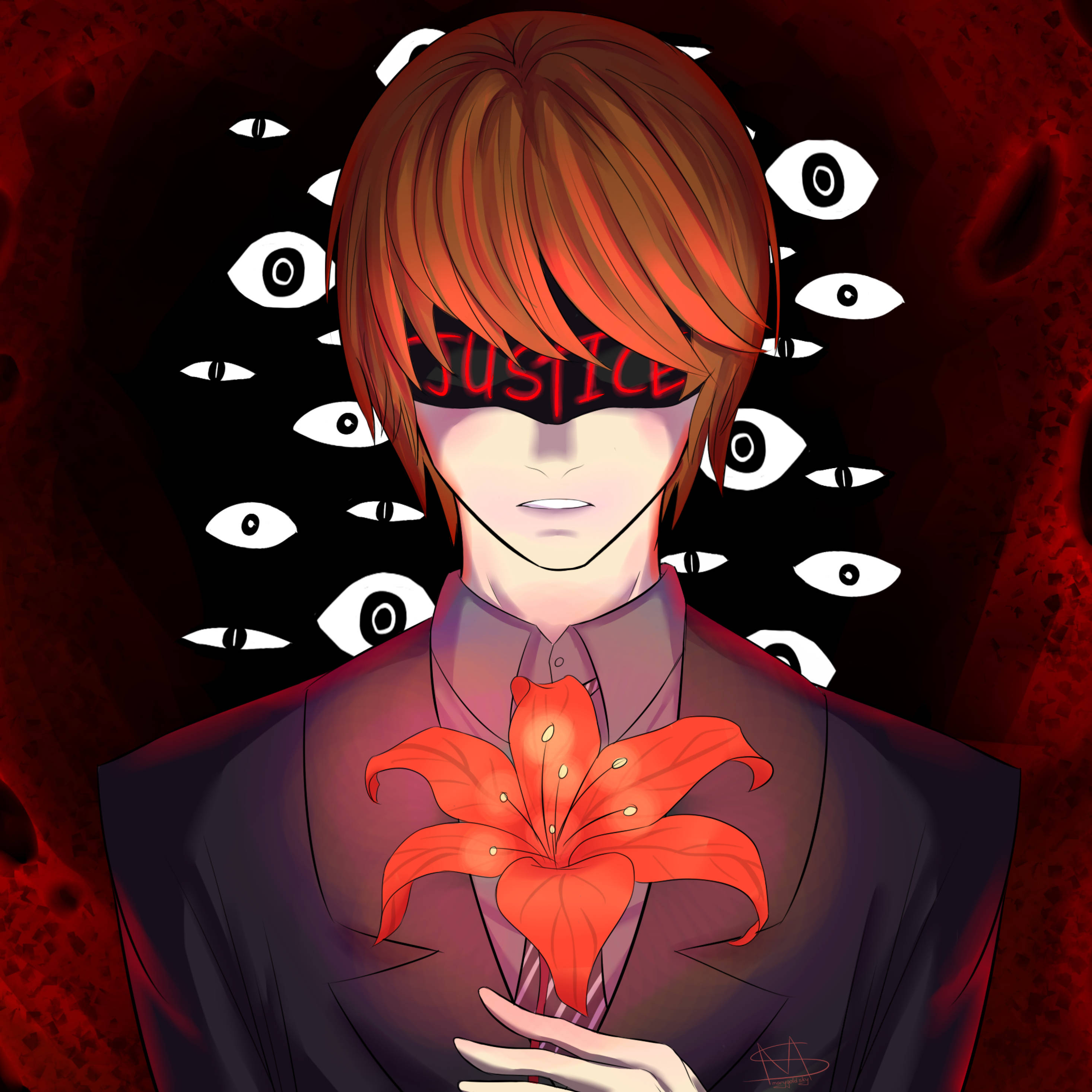 Light Yagami, red lily, floating eyes, 2K Desktop Wallpaper