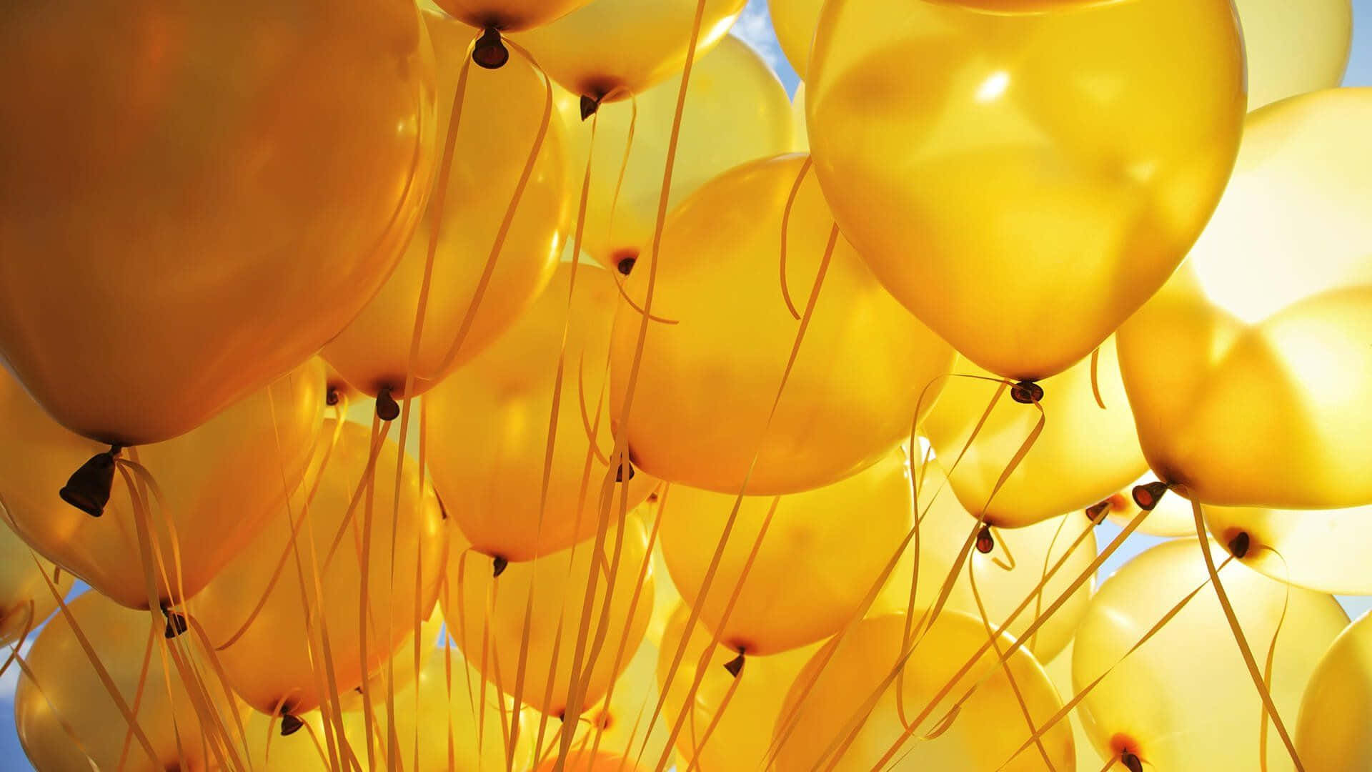 Light Yellow Balloons, golden balloons, bright blue sky, Full HD Desktop Wallpaper