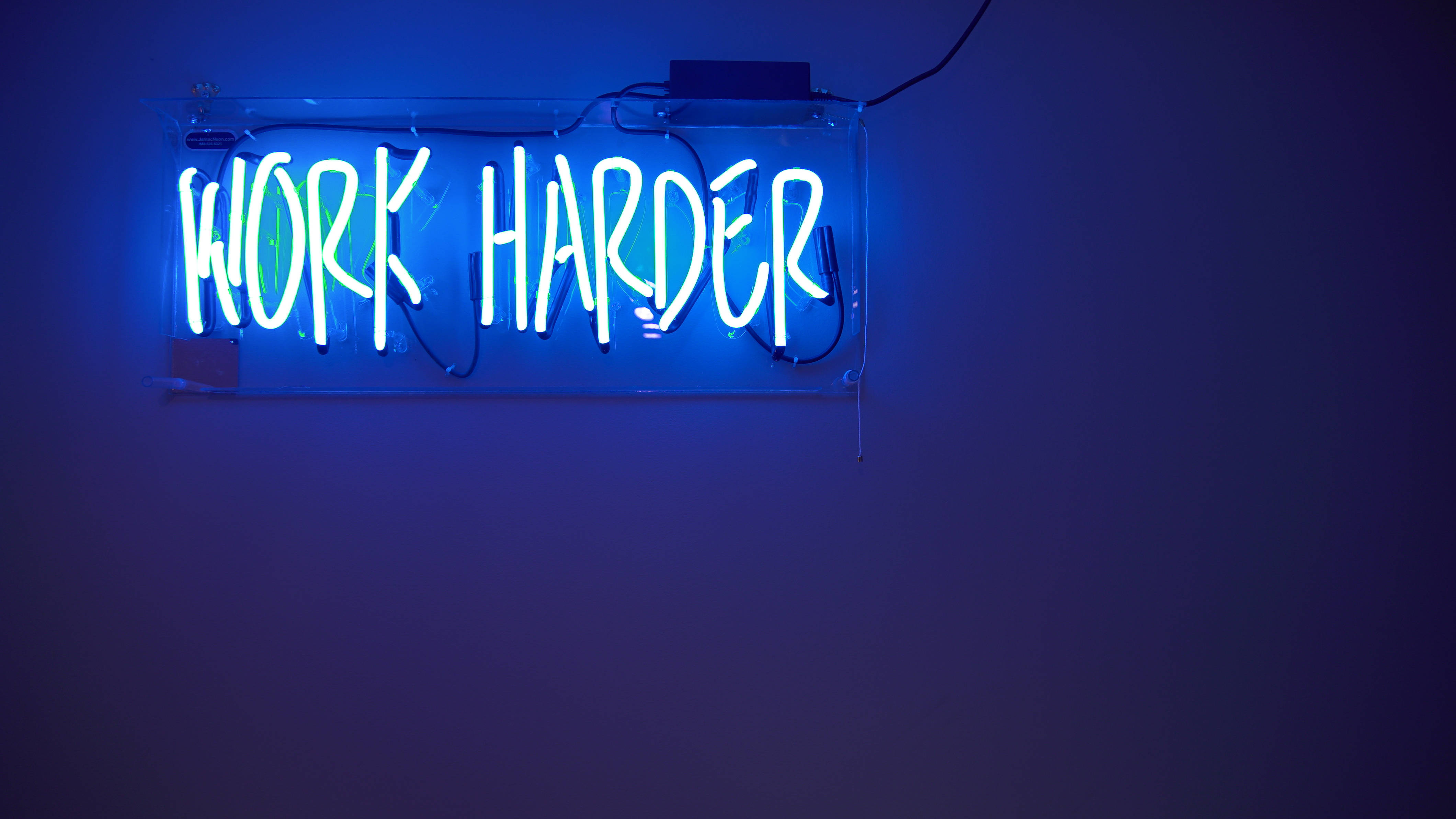 blue neon sign, WORK HARDER, glowing, 4K Desktop Wallpaper