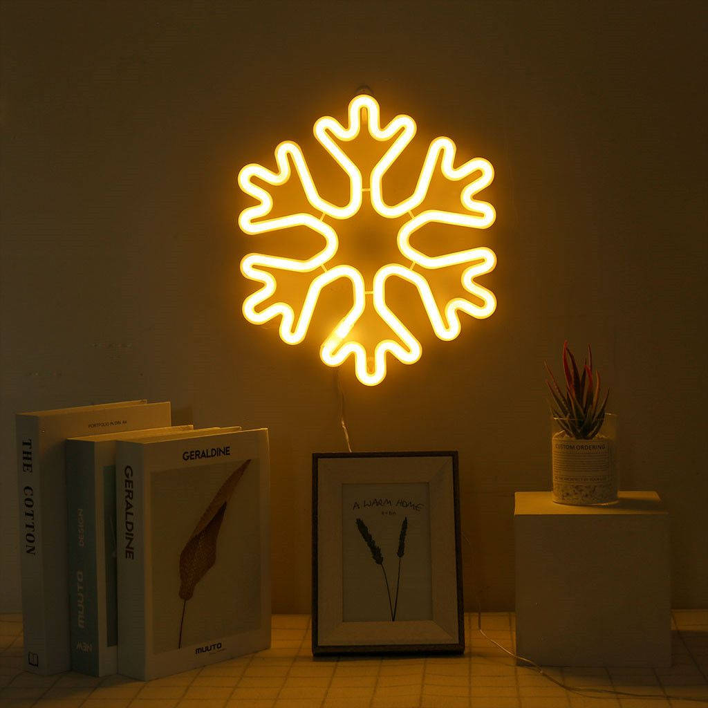 Snowflake Enhanced LED Lights, glowing yellow neon snowflake lamp, minimalist shelf, SD Desktop Wallpaper